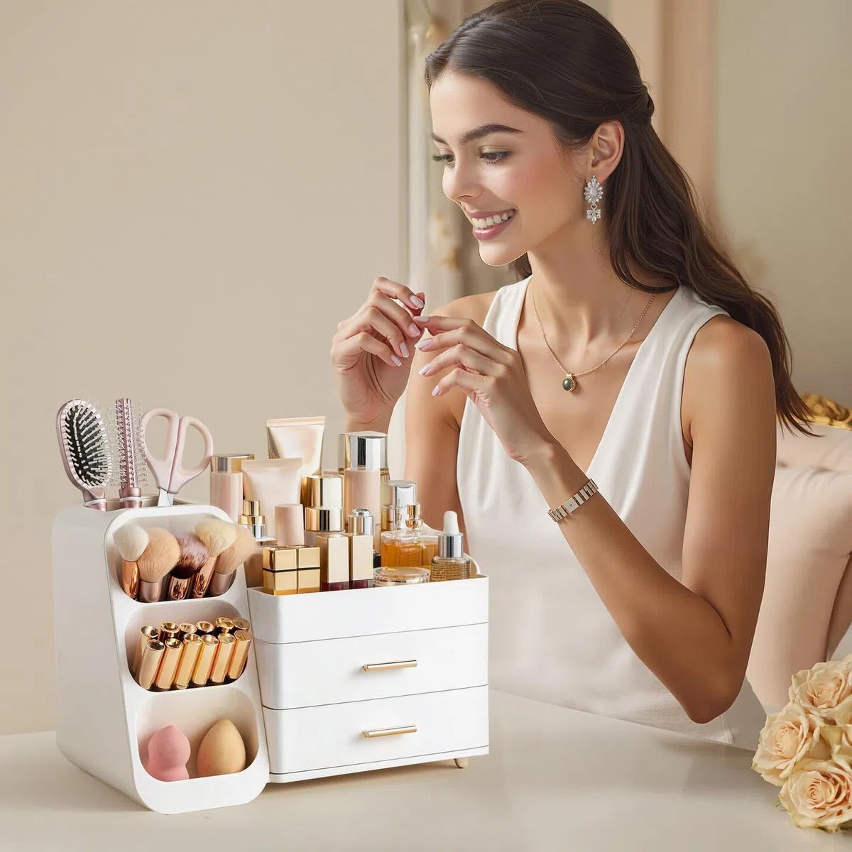hblife Organizador de maquillaje, organizador de maquillaje con cajones, porta pinceles Make Up, caja cosmética de plástico 3 en 1, caja de almacenamiento de maquillaje blanca
