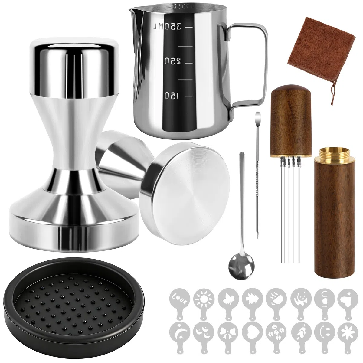 Vicloon Juego Café Tamper, 51mm Prensador Café 304 Acero Inoxidable 23 Piezas Profesional con Jarra de Leche 350 ml Agitador Aguja Plantillas Lápiz para Arte Latte Cuchara Toalla de Barista Tapete