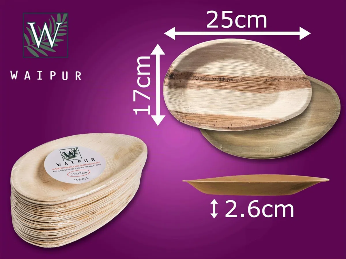 25 Platos Desechables de Hoja de Palma Orgánicos - Ovalado 25 cm - Vajilla Ecológica - Estable, Natural y Biodegradable - Elegantes para Fiestas - como Menaje de Bambu