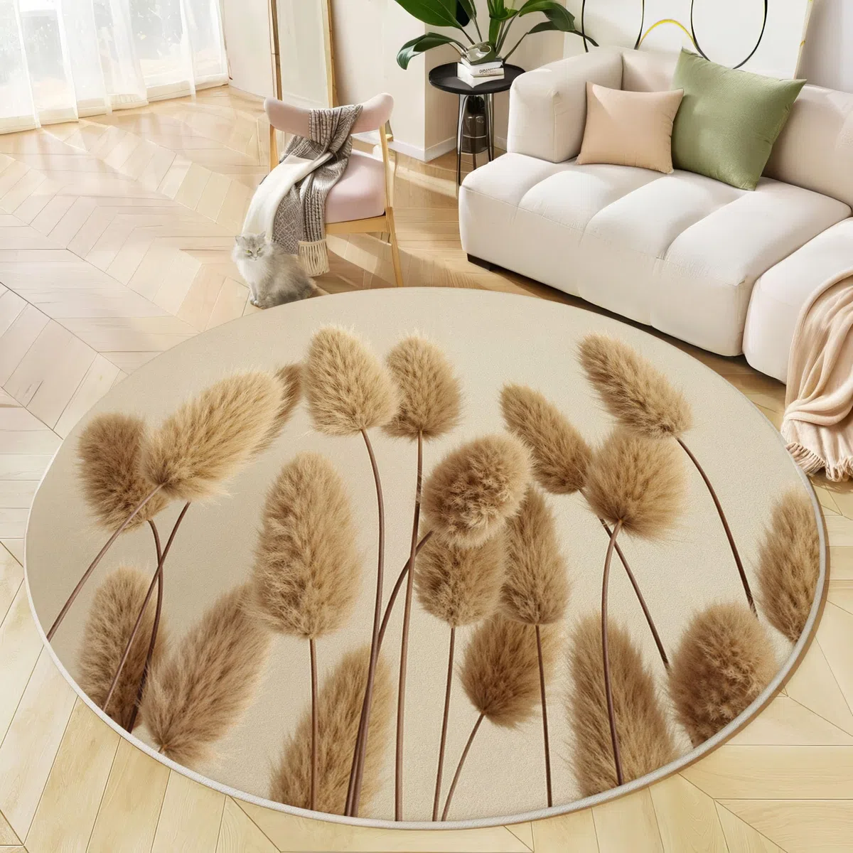 Alfombra Redonda Hierba Cola Conejo Esponjosa, 100cm Alfombras de Pelo Corto Suave Sencillez Natural Tapetes Antideslizante y Lavables para Sala de Estar, Dormitorio y Habitación Infantil, Beige