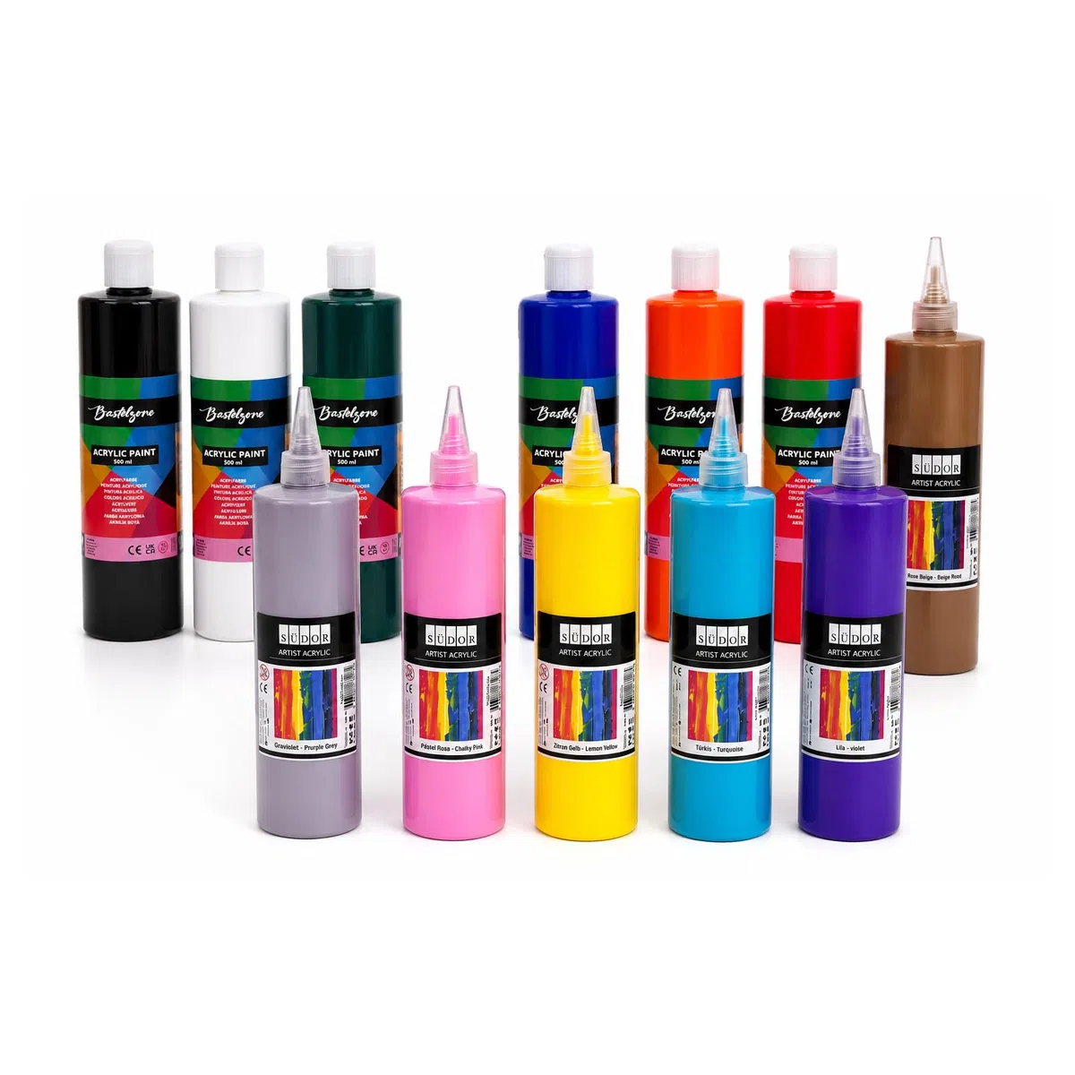 SÜDOR Juego de 12 pinturas acrílicas de 500 ml. Colores base altamente pigmentados. Pinturas opacas para madera, piedra, lienzo, papel, tela, cuero, metal. pinturas para todo uso