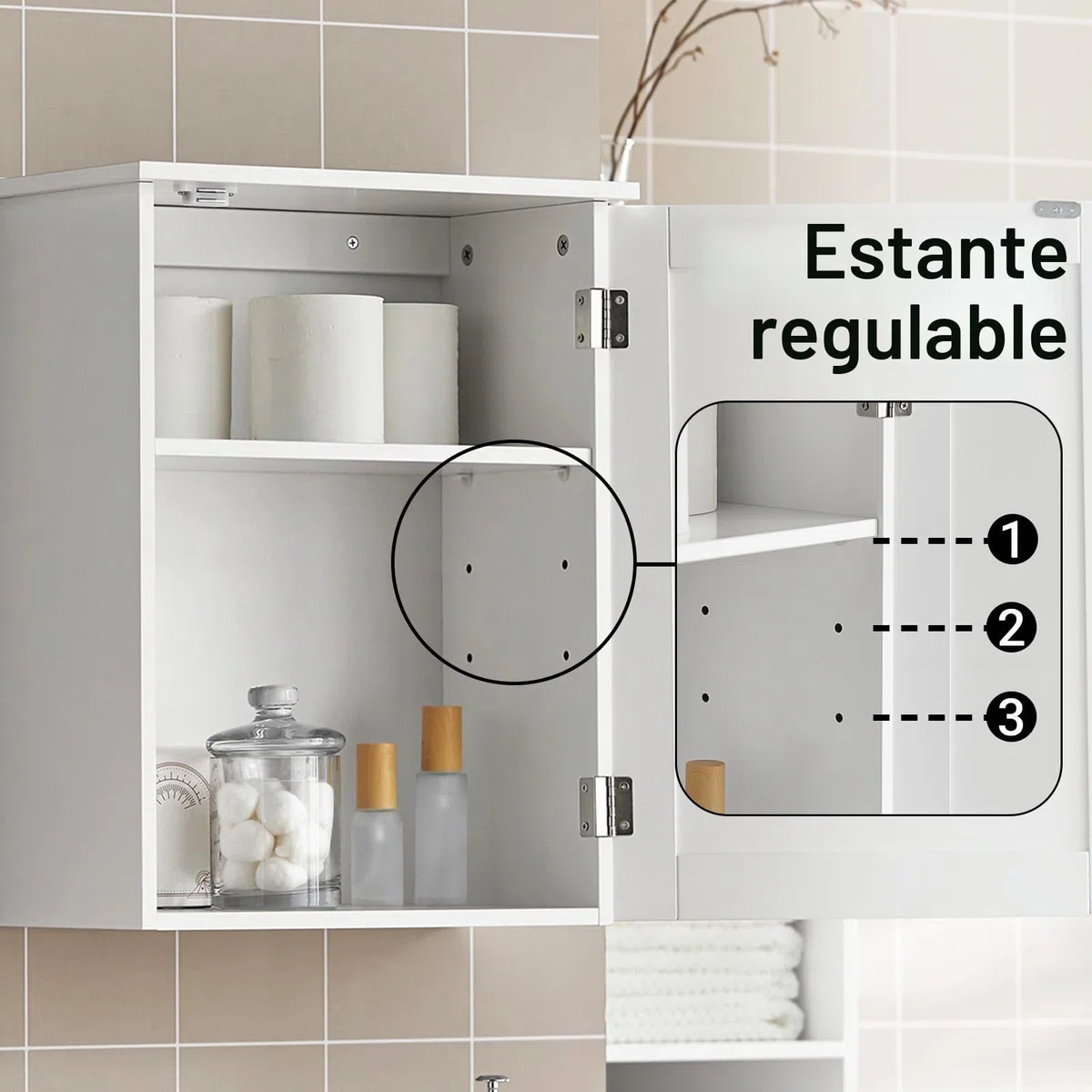 SoBuy Armario de Pared para Baño – Mueble de Baño Colgante con Puerta y Estantes Ajustables, Armario de Madera para Cocina, Pasillo – Vitrina Pared, Blanco, 40x52x23cm, BZR19-W