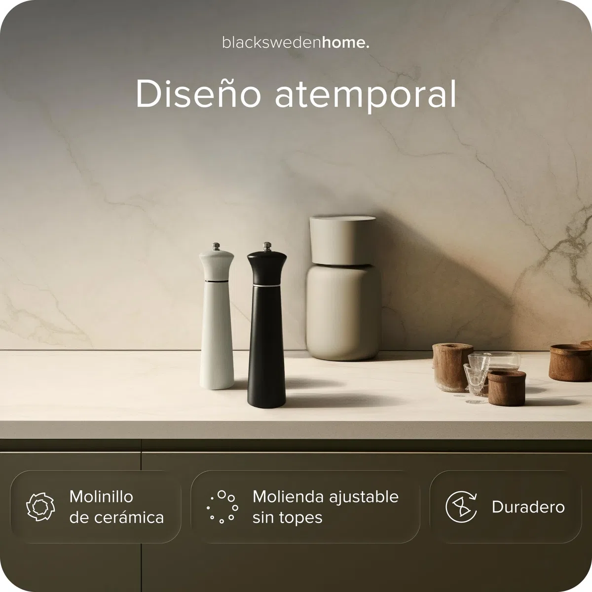 Black Sweden Home Sal y Pimienta Set – Saleros de Cocina – Molinillo Pimienta y Salero Negro y Blanco – Diseño Elegante Madera – Molinillo de Pimienta Cerámico – Grinder de Especias