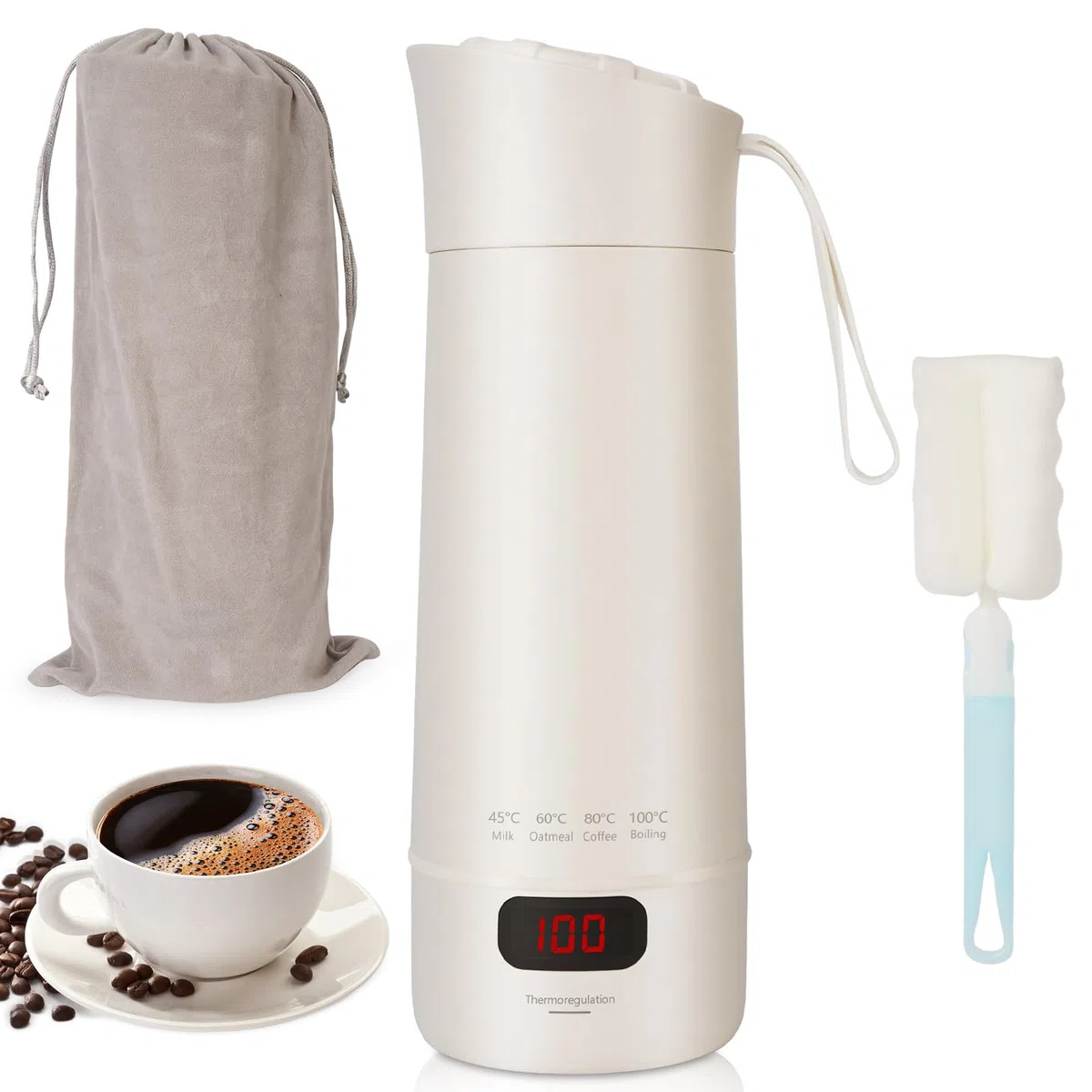 Pequeño hervidor de agua portátil, 400ML Hervidor de Viaje, 3 en 1 Mini Taza de Agua Eléctrica, 4-Temperaturas, Materiales Inoxidables, Apagado Automático, para Hacer Leche, Café y Té