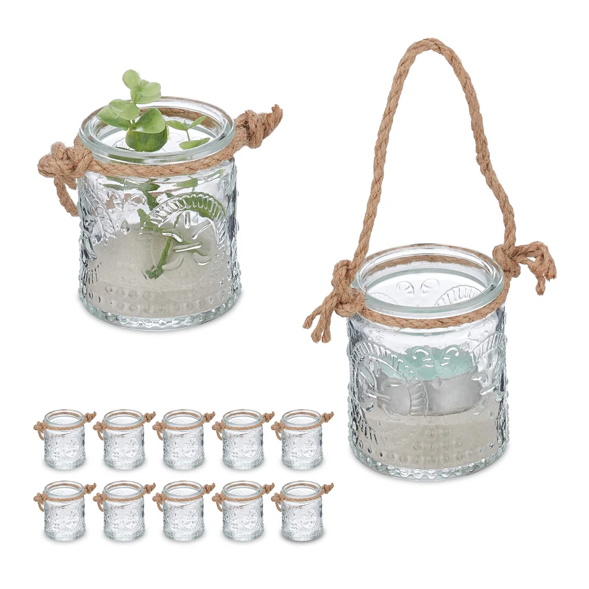 Relaxdays Portavelas, Set 12, Tarro con Asa, Interior y Exterior, 7 x 6 cm, Porta Velas Té Bodas, Transparente/Marrón