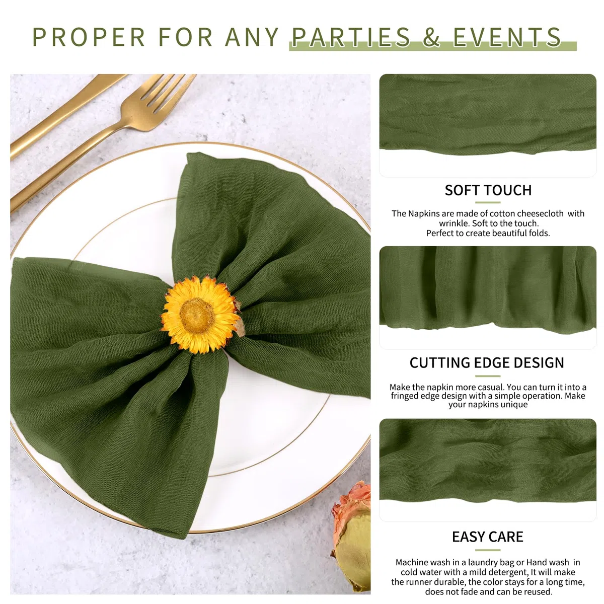 Teruntrue Lote de 30 servilletas de Tela Color Verde Oliva, 50 x 50 cm, servilletas de Gasa, servilletas de Mesa Estilo Bohemio para cenas, Decoraciones para Bodas y Fiestas de cumpleaños