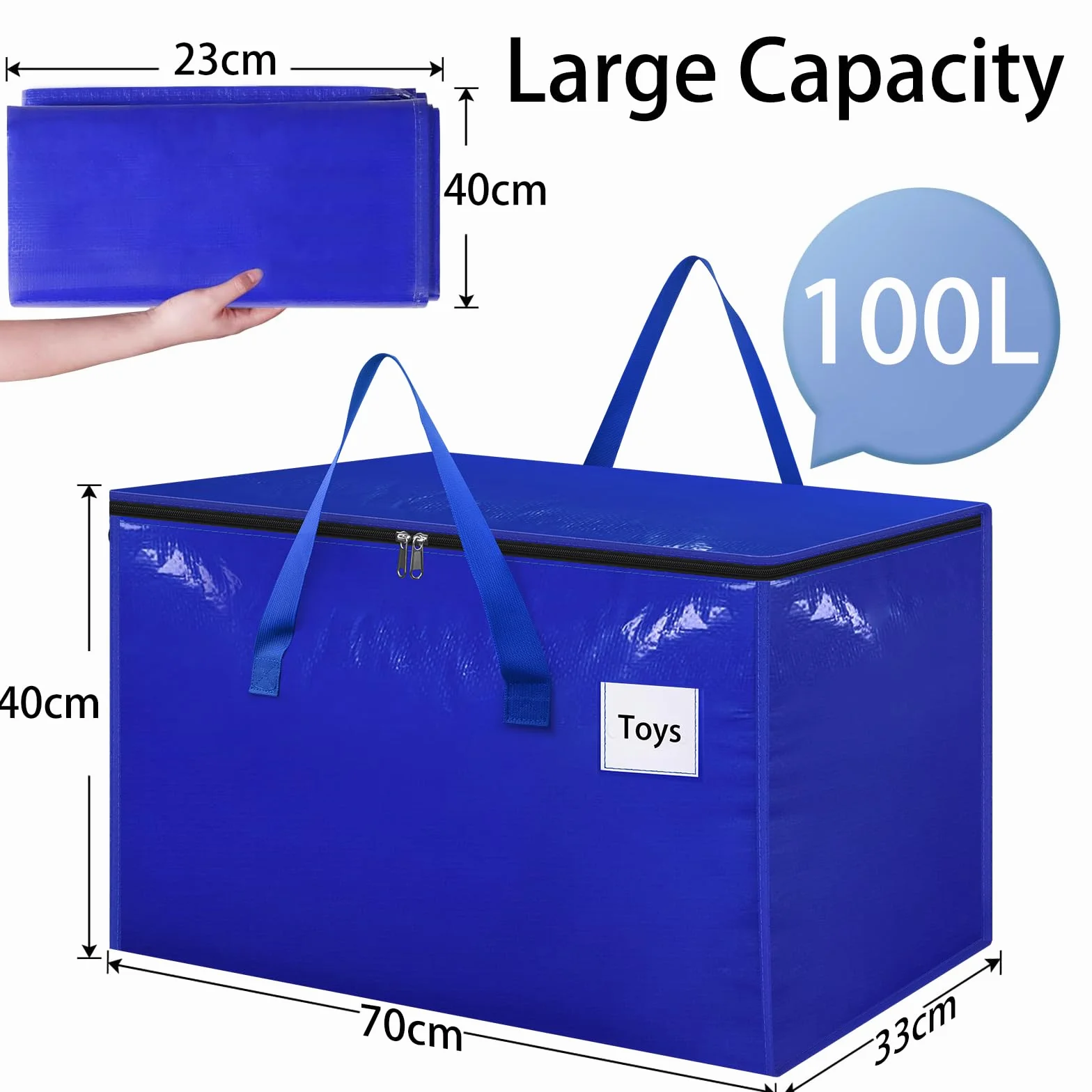 Withosent 100L Grande Bolsa de Almacenamiento, 2 Piezas Impermeable Bolsas de Mudanza con Cremallera y Asa, Bolsas para Guardar Ropa Edredones, Alternativa a Las Cajas de Mudanza, Azul