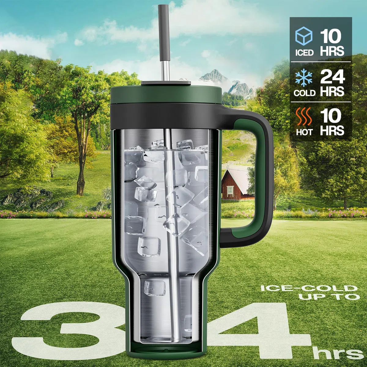 POWCAN Vaso de 40 onzas con asa, popote y tapa para sorber 2 en 1, a prueba de fugas, apto para lavavajillas, taza de café de viaje de acero inoxidable aislada, mantiene el frío durante 34 horas, cabe