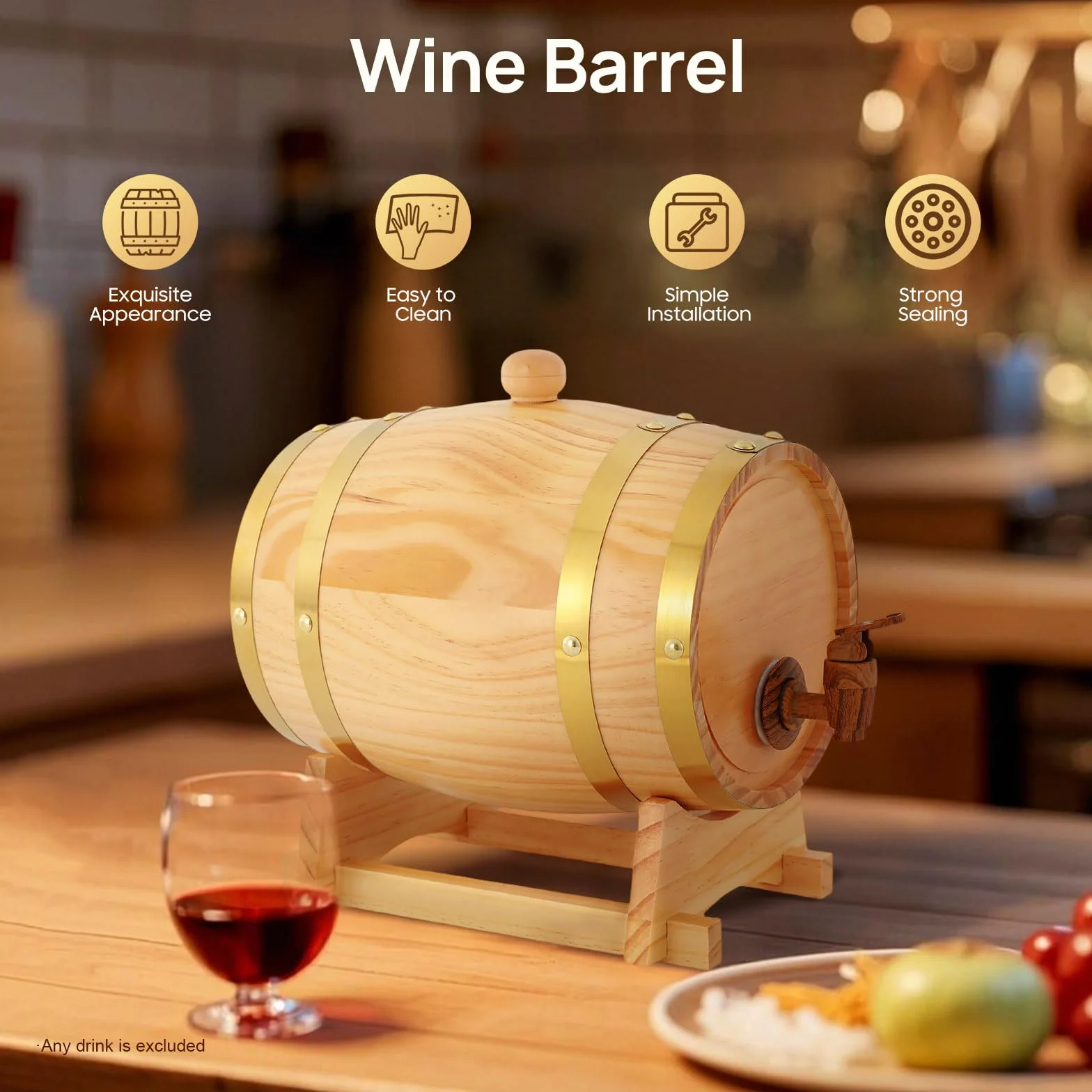 Barril de vino, madera de pino de 3 l, con varillas de acero inoxidable y grifo, barril de fermentación tradicional para vino/whisky, incluye soporte (16 x 23,5 cm), ideal para cervezas y bares