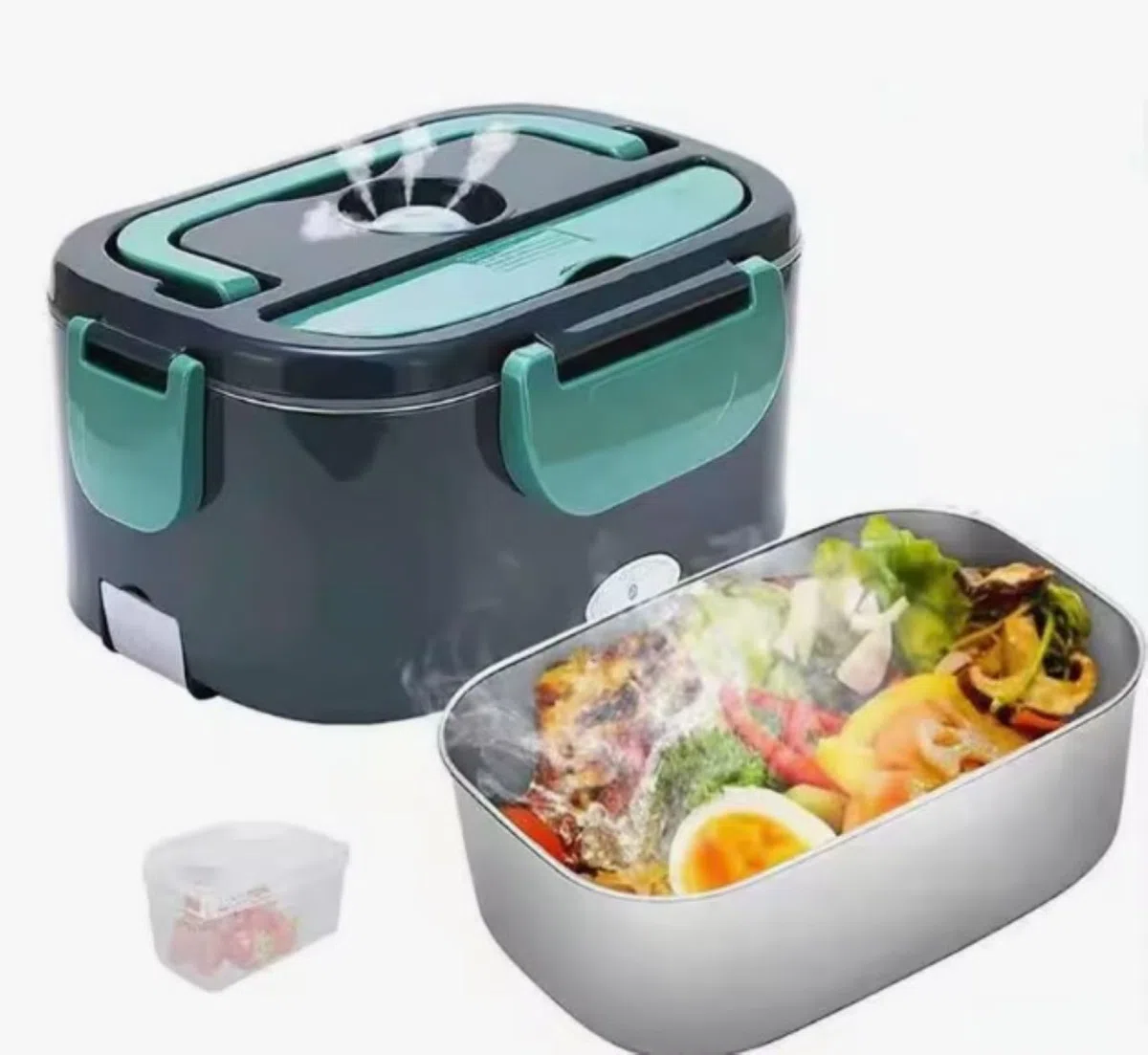 Genérico Fiambrera Electrica 4 en 1 12V/24V/220V~240V Calentador de Comida Portatil con Termo para Coche Camión y Trabajo 1.5L 60W en Acero Inoxidable con Tartera Bolsa Térmica y Juego de Cubiertos