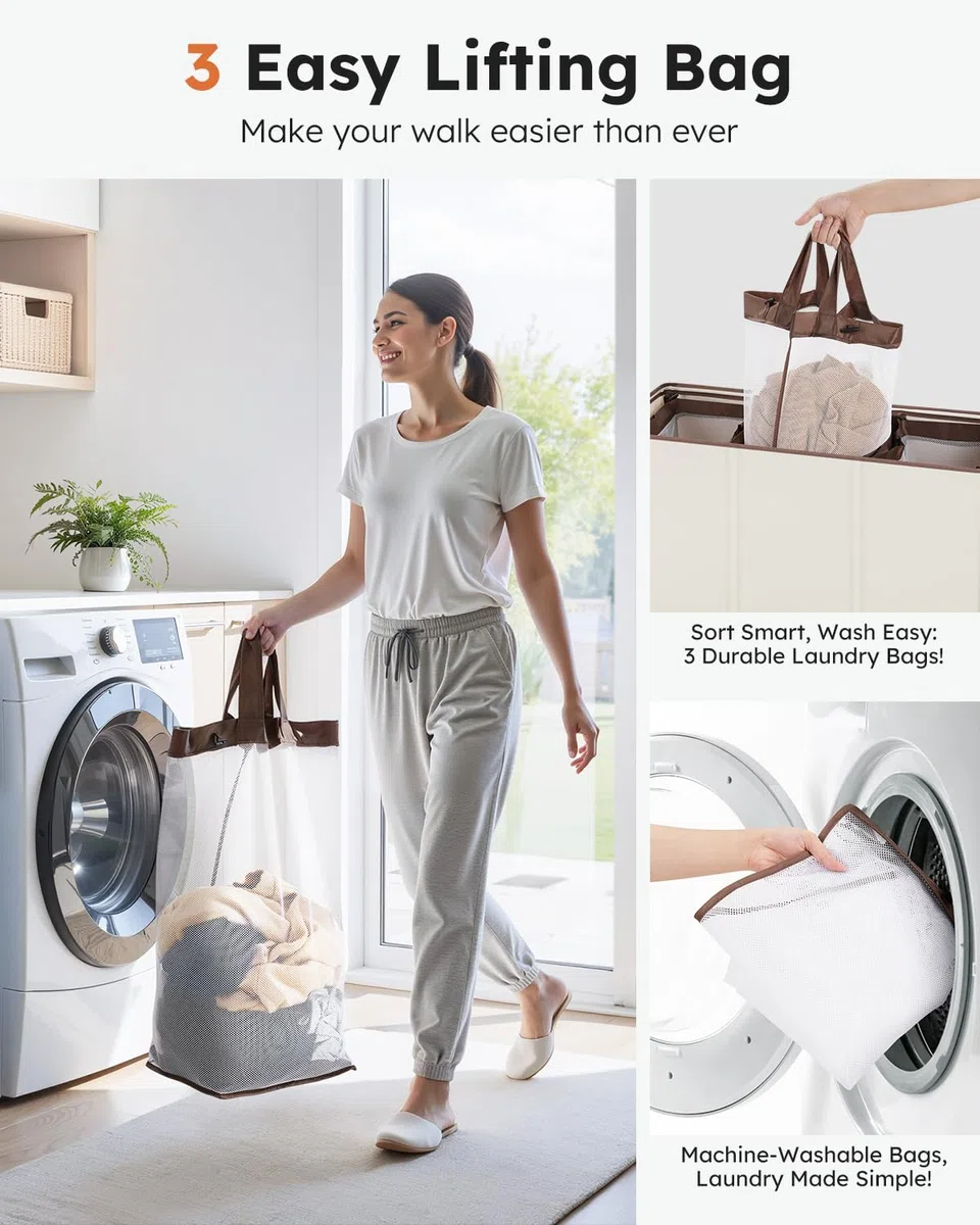 SOLEDI Cesto de ropa sucia de 180L de 3 secciones, cesto de ropa sucia extragrande con tapa, cesto de ropa sucia con asa resistente, organizador de cesto de ropa grande para cuarto de lavandería