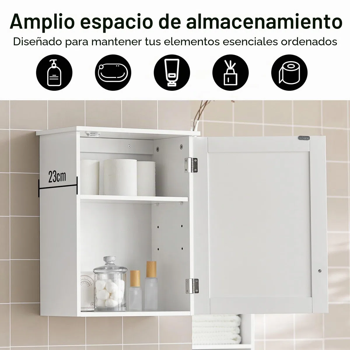 SoBuy Armario de Pared para Baño – Mueble de Baño Colgante con Puerta y Estantes Ajustables, Armario de Madera para Cocina, Pasillo – Vitrina Pared, Blanco, 40x52x23cm, BZR19-W