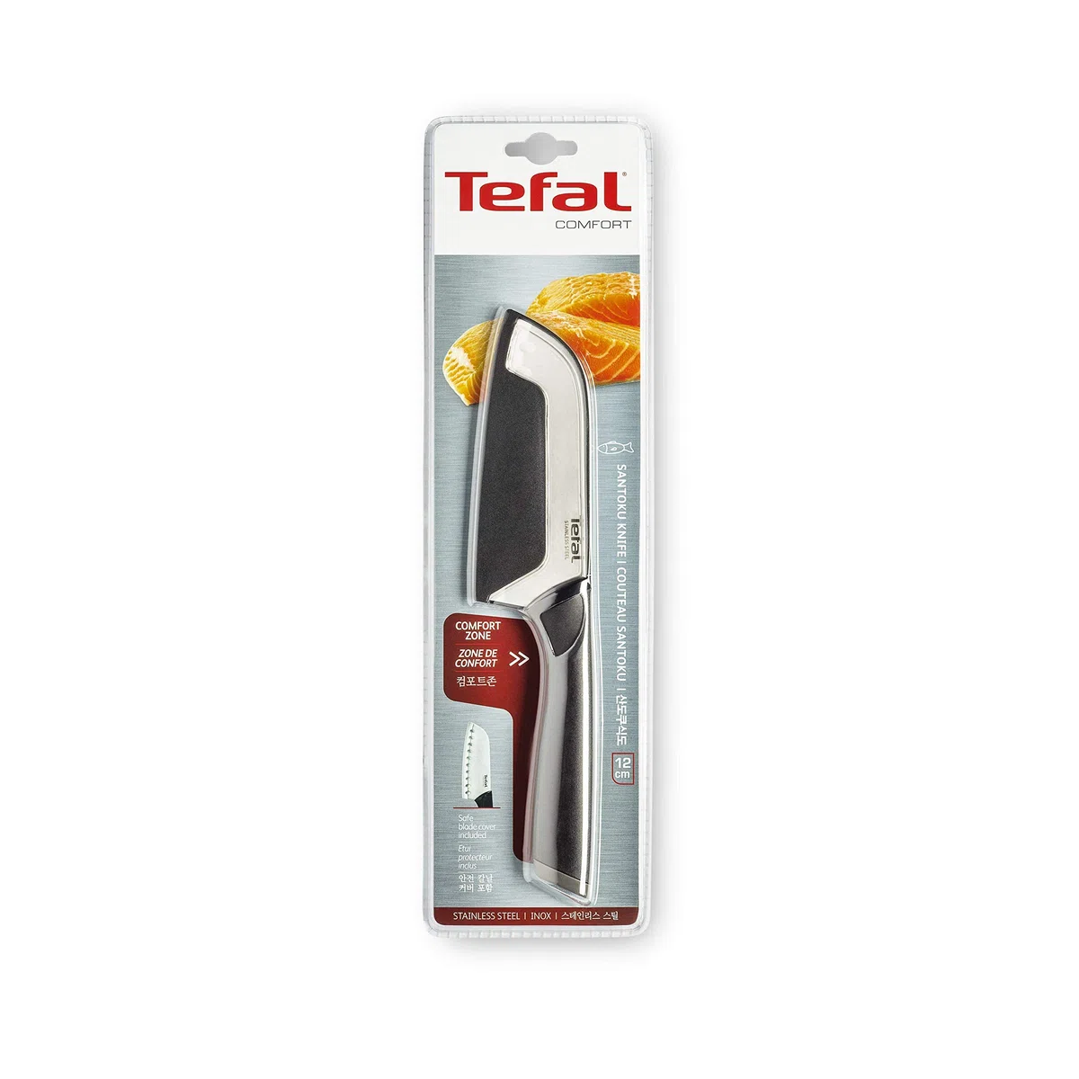 Tefal Santoku Comfort - Cuchillo de 12 cm de acero inoxidable con mango ergonómico, color negro