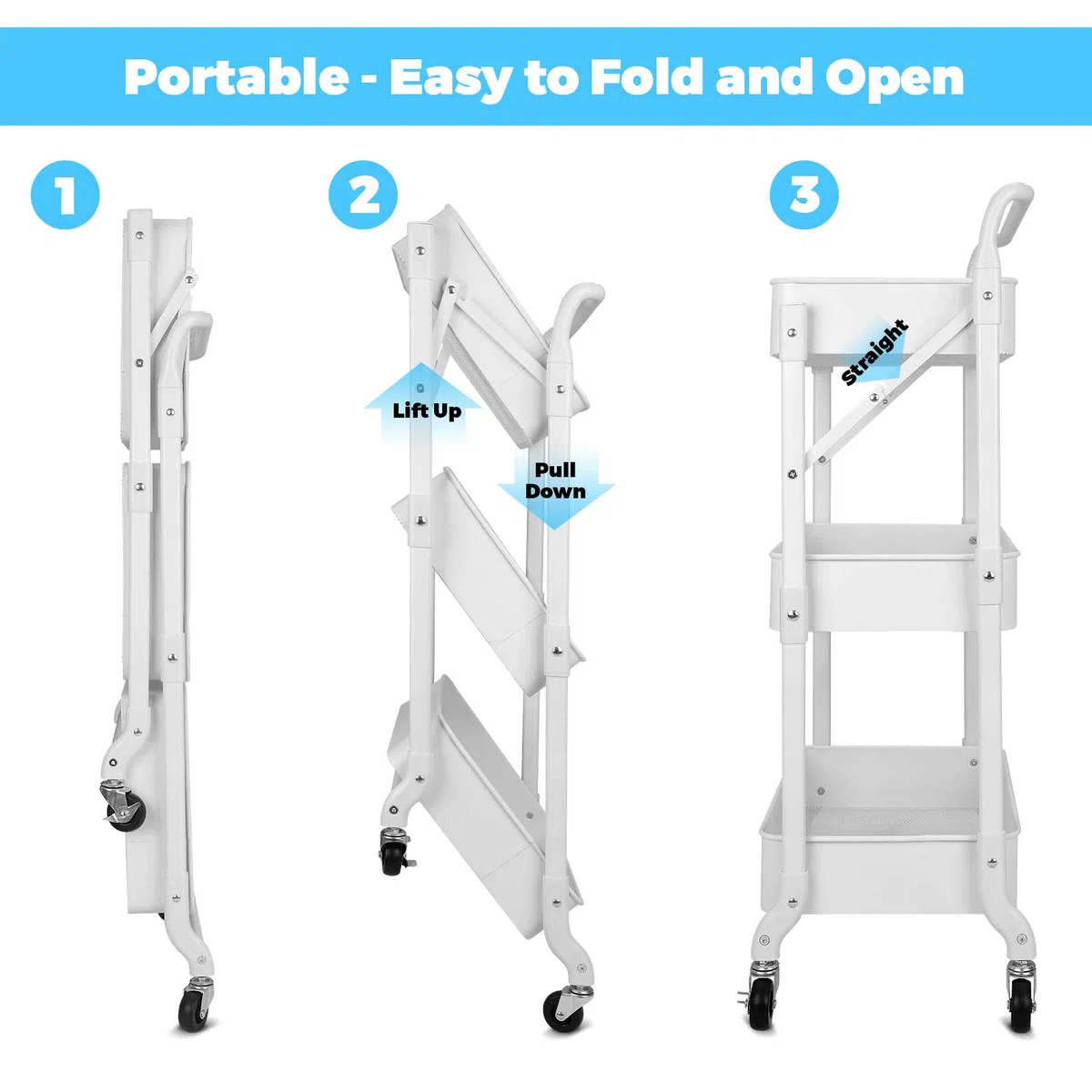 johgee Carrito Plegable de Metal de 3 Niveles, Plegable, multifunción, Organizador para el hogar, Biblioteca, Oficina (Plegable, Blanco)