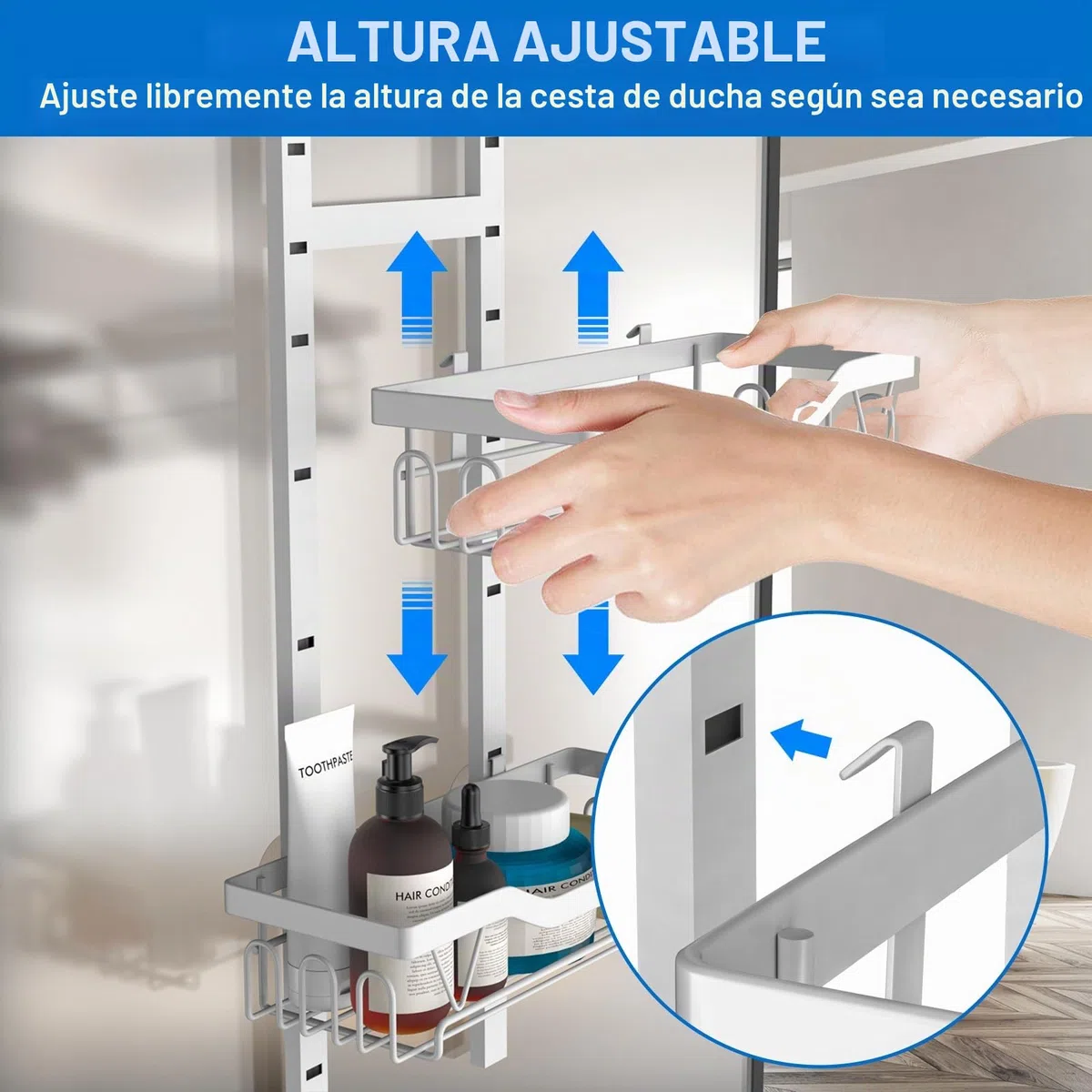 Estanteria Baño para Colgar, 3 Niveles Estante Ducha Ajustable, Estanteria Baño sin Taladro para Colgar en Puertas de Ducha de Vidrio (Blanco)