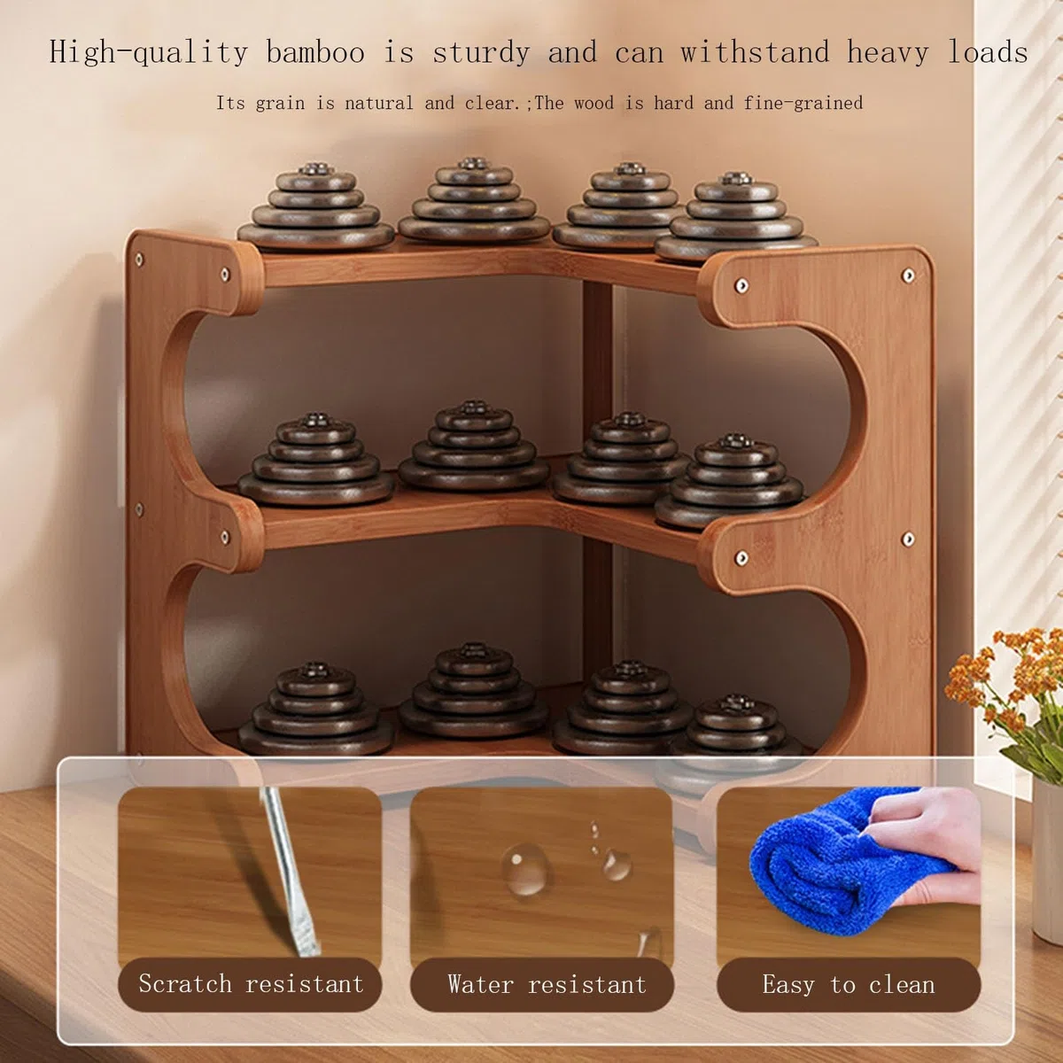 Estante esquinero de madera de 3 niveles, pequeño estante de exhibición de escritorio for libros y tazas, organizador de encimera multifuncional(13cm)
