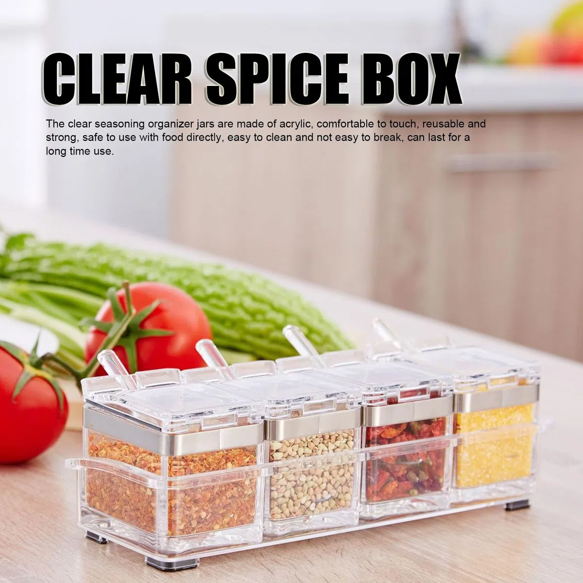 Caja de condimentos transparente de 4 celdas, caja de condimentos acrílica, macetas con cuchara para azúcar, sal, azúcar, cardamomo, canela