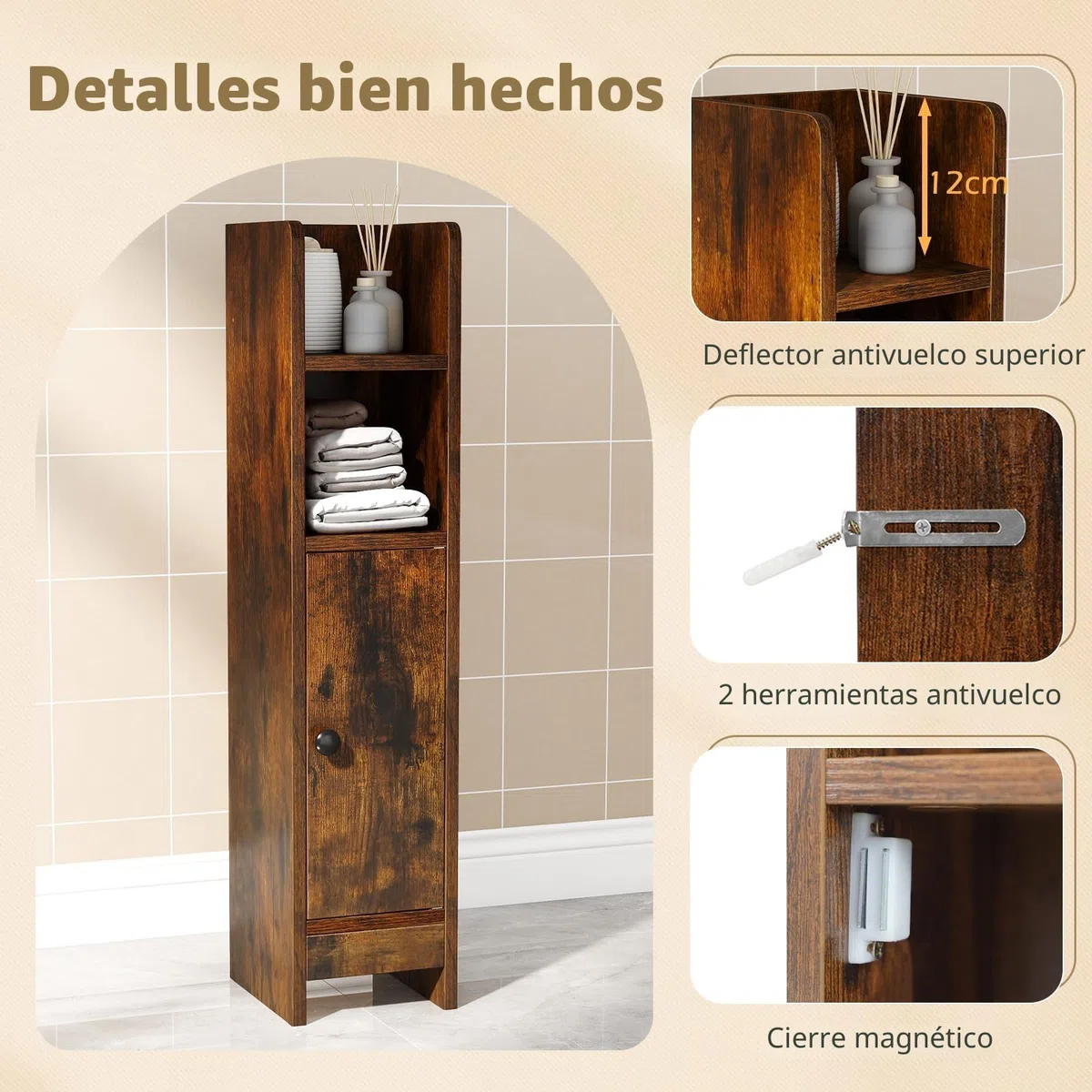 LIFEZEAL Armario de Almacenamiento para Cuarto de Baño Estrecho, Mueble de Esquina Compacto con Puerta Cerrada y Estantes Ajustables, Mueble de Almacenamiento (Marrón Rústico)