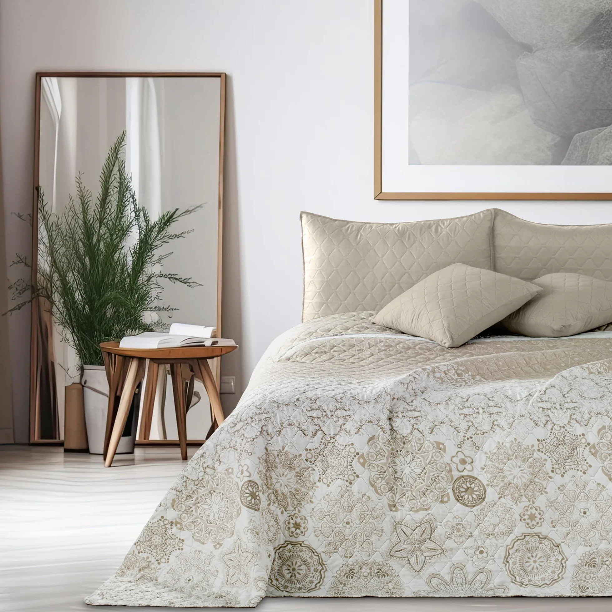 DecoKing Alhambra - Colcha (260 x 280 cm, fácil Cuidado, diseño Abstracto), Color Beige y Blanco
