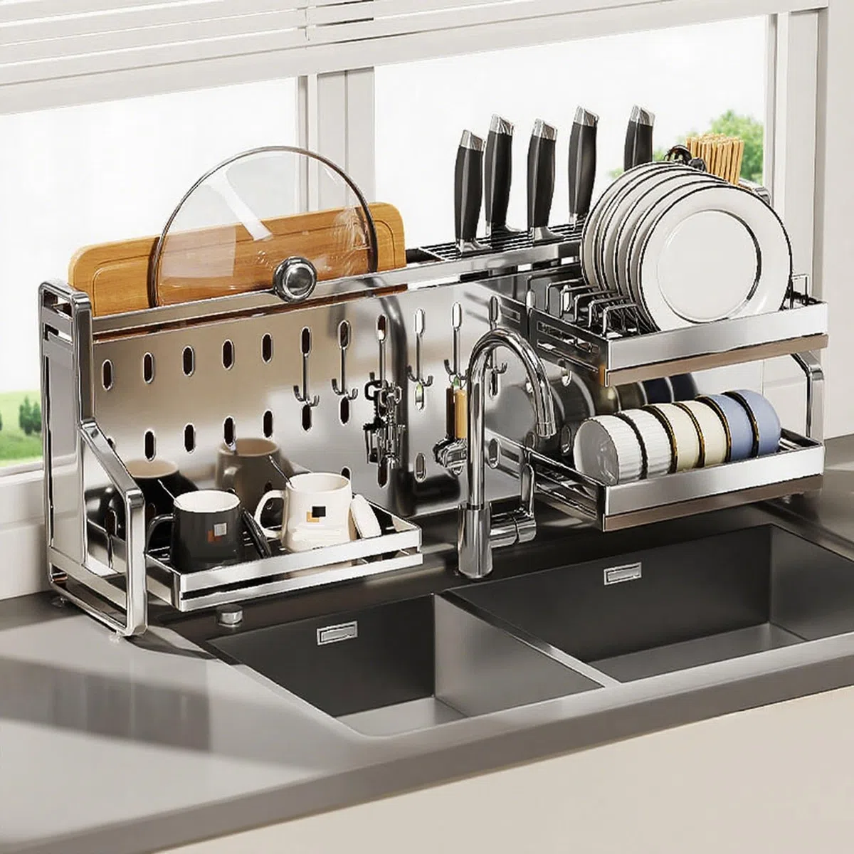 Escurridor de platos de acero inoxidable 304 modelo B de 77 cm, duradero y elegante, resistente al óxido, diseño de ahorro de espacio
