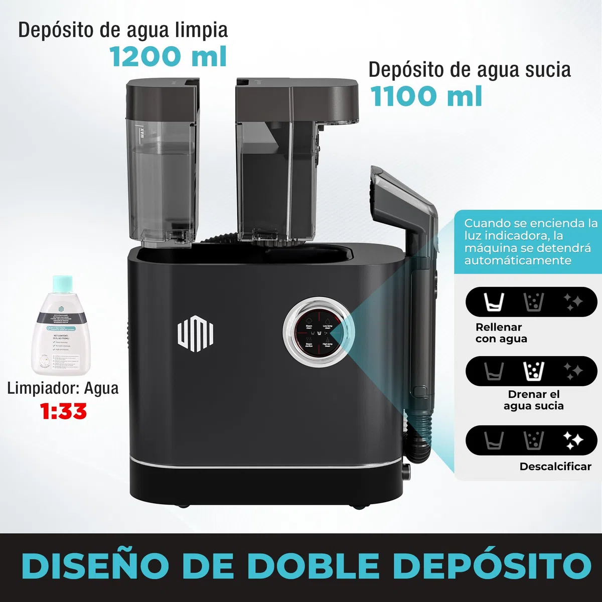 UMI Limpiador a Vapor y Aspiradora de Tapicerías, Limpieza Profunda | con 4 Modos, Calefacción 1200W, con Detergente y Cepillos, Para Sofás Colchones Alfombras, Depósitos 1,2L y 1,1L