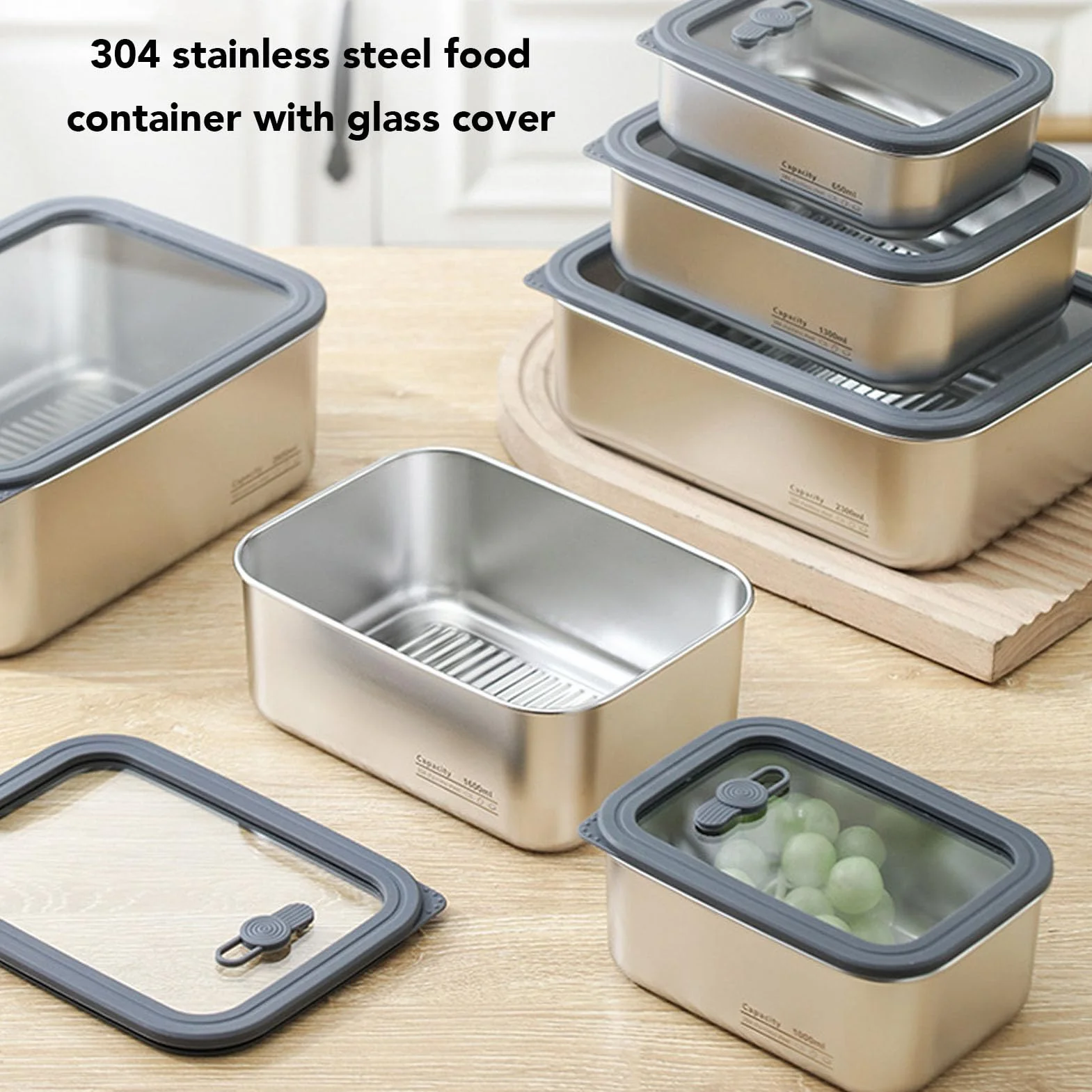 RiToEasysports Juego de Contenedores de Almacenamiento de Alimentos de Acero Inoxidable 304, Lonchera con Tapa de Vidrio Hermética, 3 Recipientes de Preparación de Alimentos para Refrigerador,