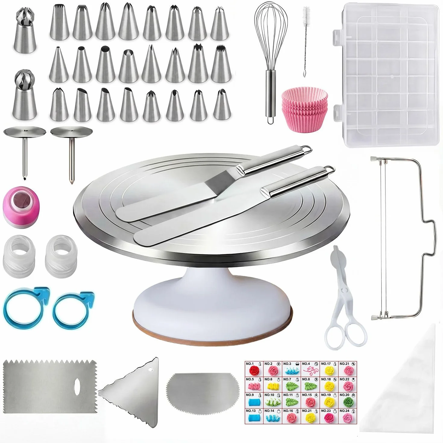 Plato Giratorio para Tartas de Aluminio - Base Giratoria para Decoración Profesional con Set de 144 Accesorios de Repostería Incluye Espátula y Boquillas, Gran Regalo para Mujeres