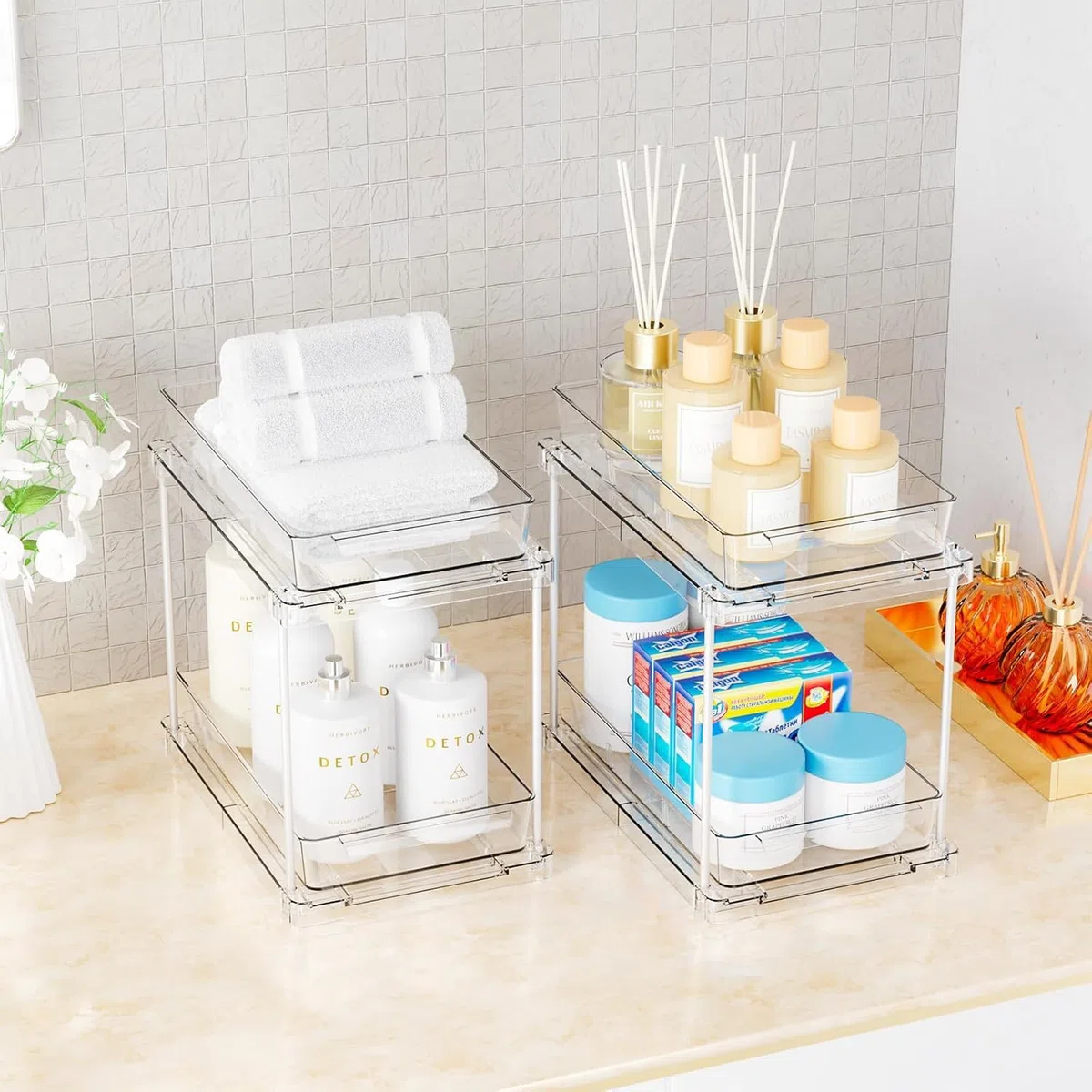 2 Piezas Organizador Debajo Fregadero Cocina,Mueble Fregadero Extraíble Estante con 2 Niveles,Organizador Baño para Cocina,Baño y Encimer