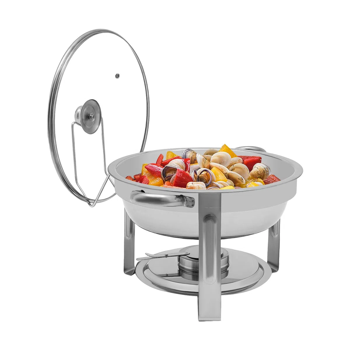 Chafing Dish Buffet, 5 l Round Fondue de acero inoxidable con tapa de contenedor de mantenimiento caliente para restauración, aparadores (plata)