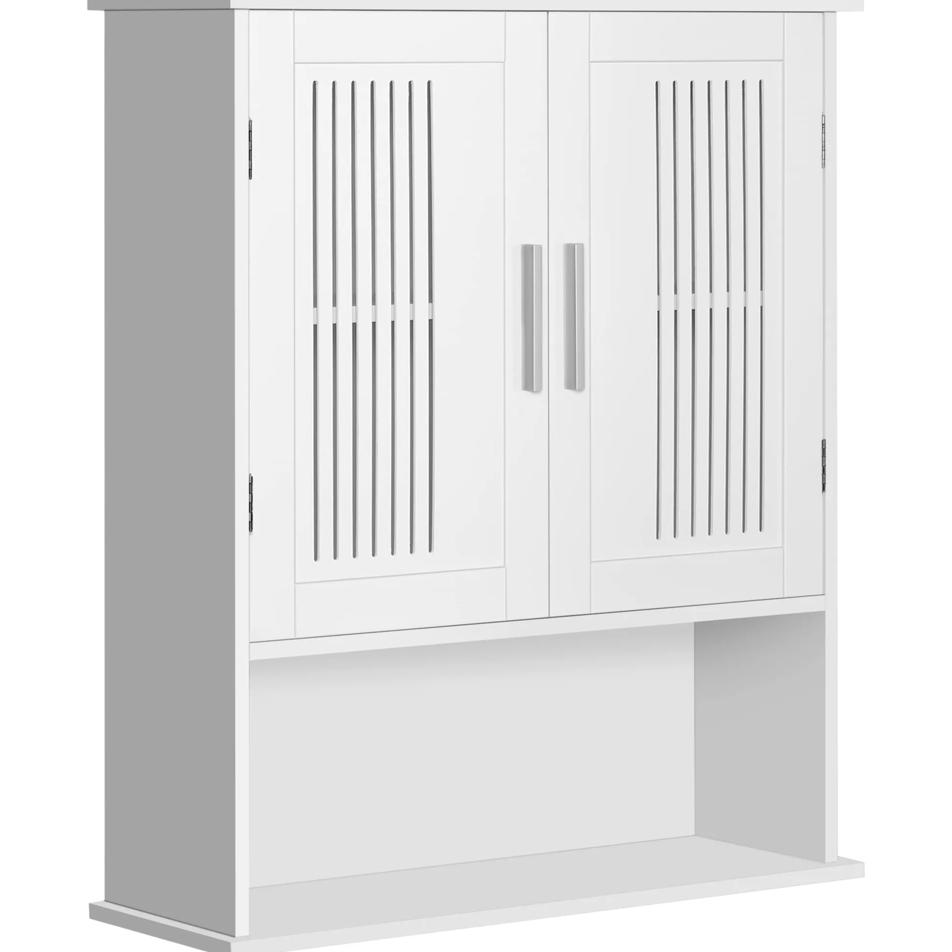 kleankin Armario de Pared para Baño Multiusos Mueble de Baño Suspendido Armario Colgante de Almacenamiento con 2 Puertas de Listones Estante Ajustable y Compartimento 60x20x70 cm Blanco