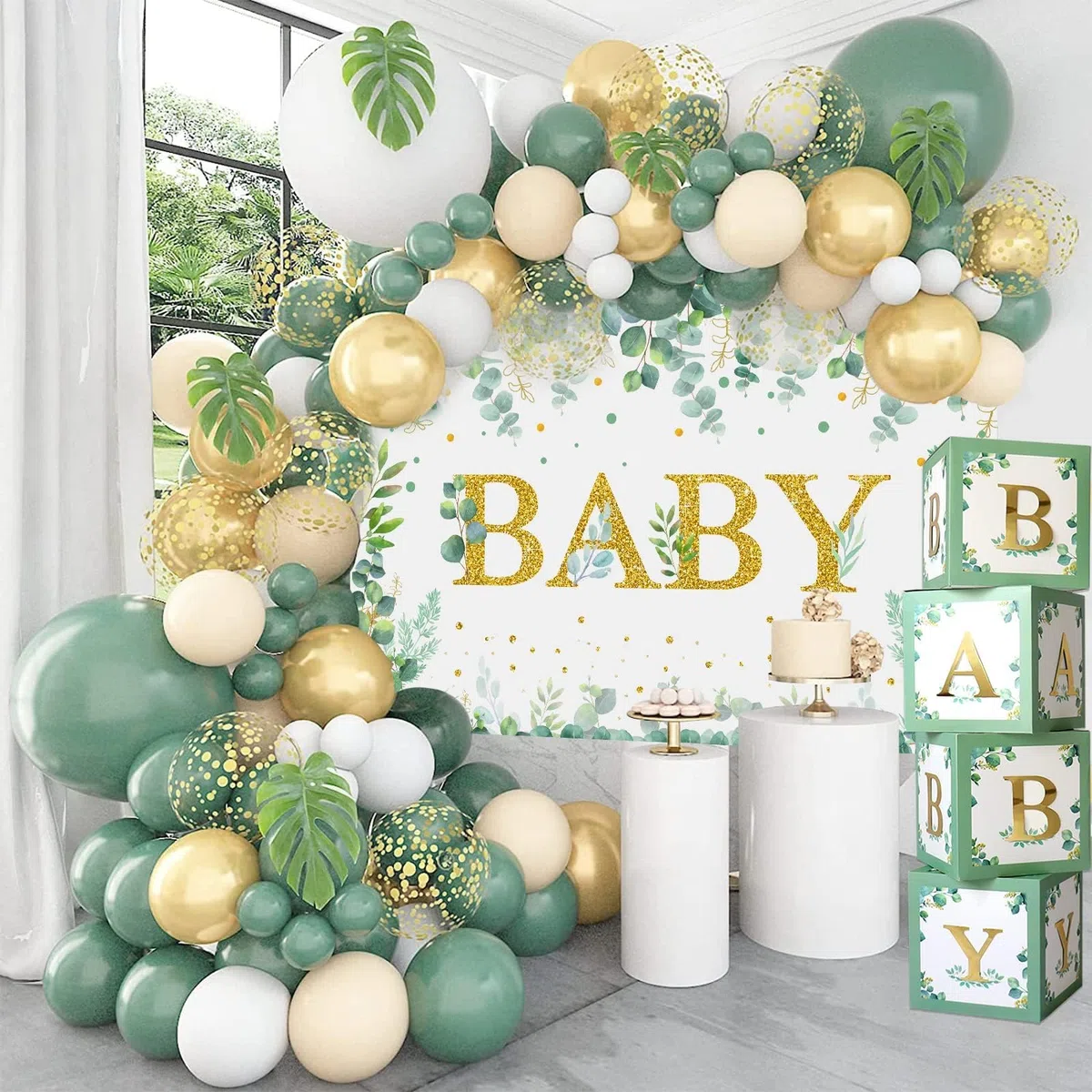 125pcs Decoración Baby Shower Verde Salvia, Cajas Bebé Verde Salvia con Globos Oro Verde y Telón de Fondo de Bebé Verde para Baby Shower Niño y Niña, Fiesta Safari Cumpleaños, Revelación de Género