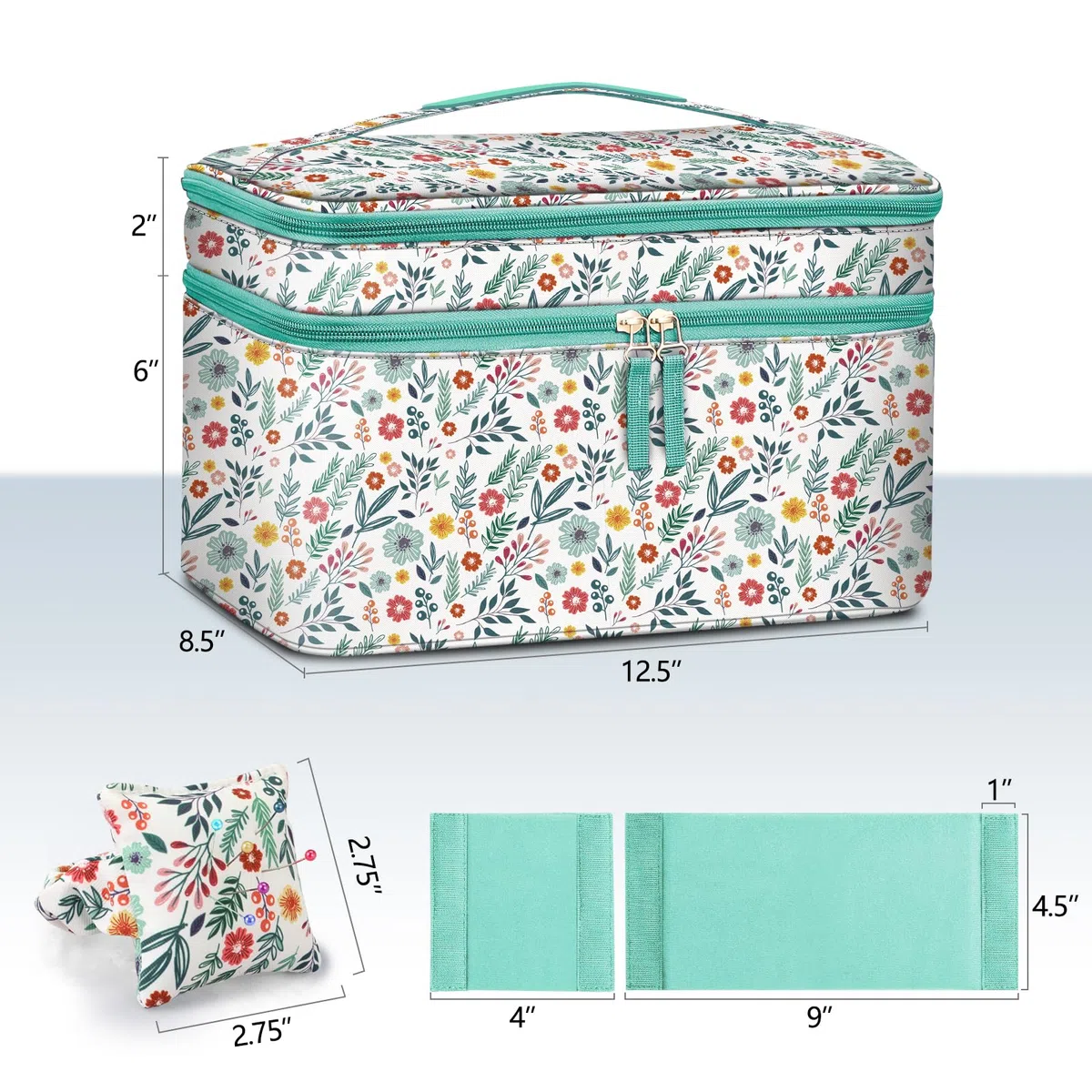 FINPAC Estuche organizador y de almacenamiento de accesorios de costura, kit de costura de doble capa con cojín de muñeca para hilos, agujas, suministros de hilo de bordado, kits de fieltro (flor de