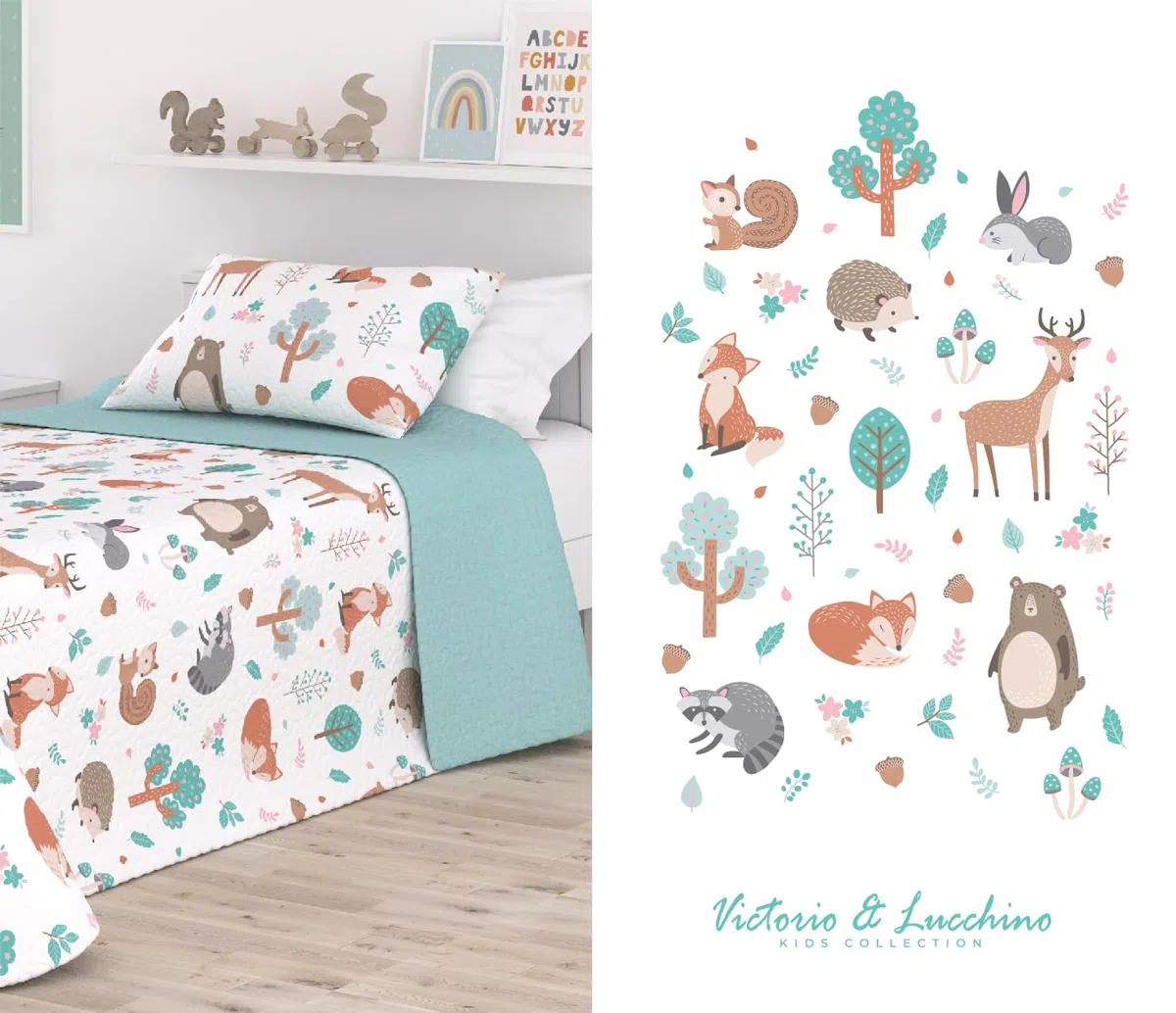 Victorio & Lucchino Colcha Infantil de Verano y Primavera. Ligera Colcha cubrecama de Microfibra. Incluye Funda de cojín. (Bosque con COJÍN, Cama 105cm)