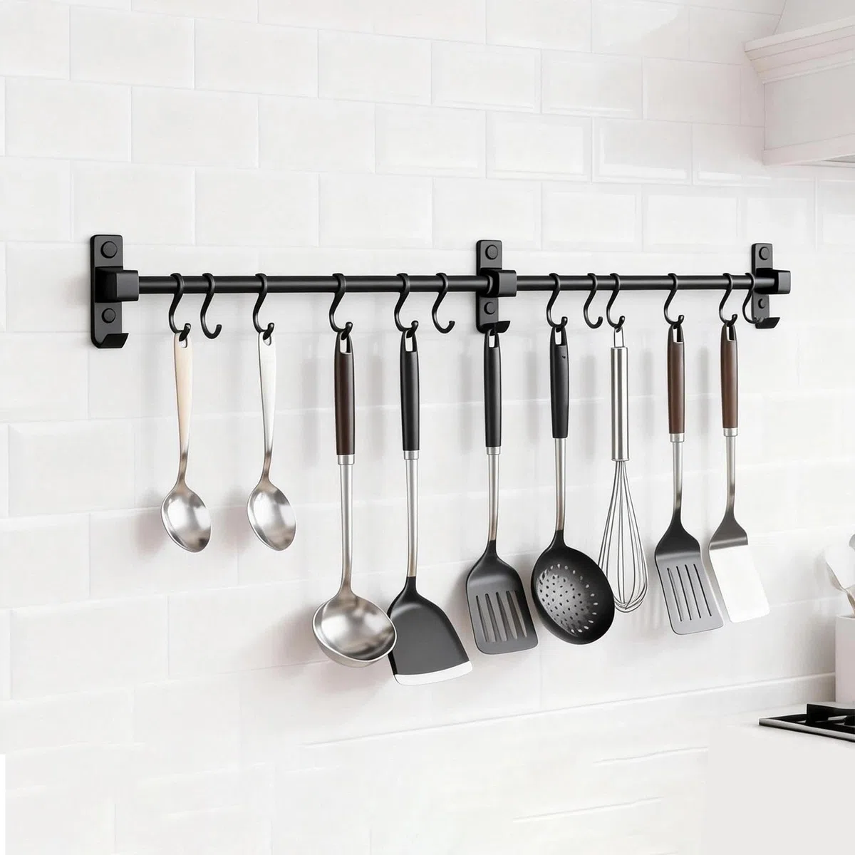 Ganchos Barra Accesorios Cocinas 80 cm, Colgador Utensilios Cocina con 12 Ganchos Extraíbles, Aluminio Barra Colgante de Cocina, Negro, para Colgar Tablas de Cortar, Cucharas, Tijeras