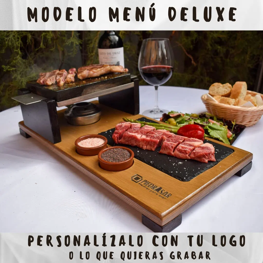 Piedra para asar carne de 15x20 con quemador y plato de pizarra Modelo deluxe