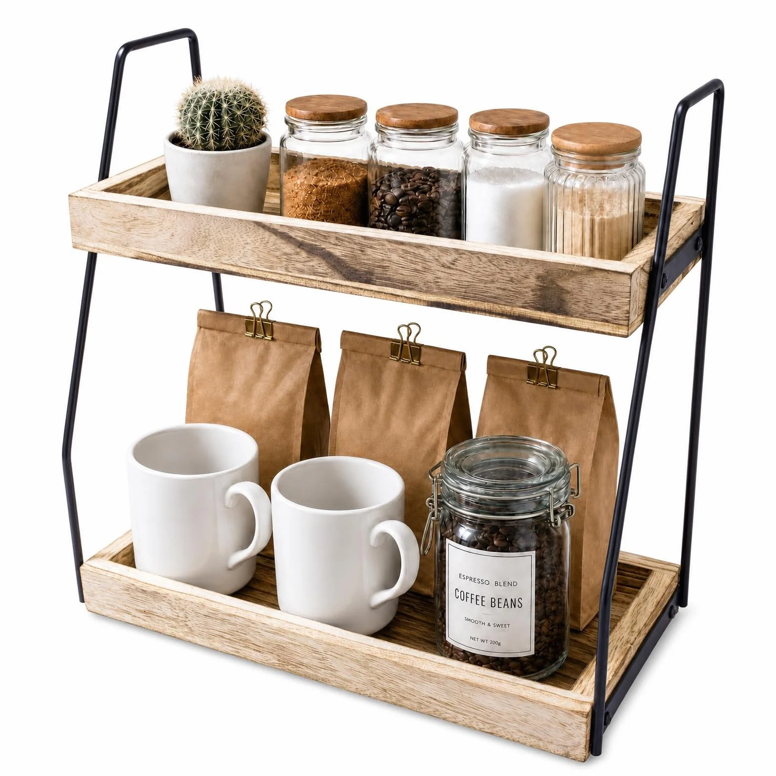 XUDREZ Organizador de estación de café para encimera, organizador de accesorios de barra de café de 2 niveles, almacenamiento de condimentos, estante de cocina de mostrador de madera para baño, cocina