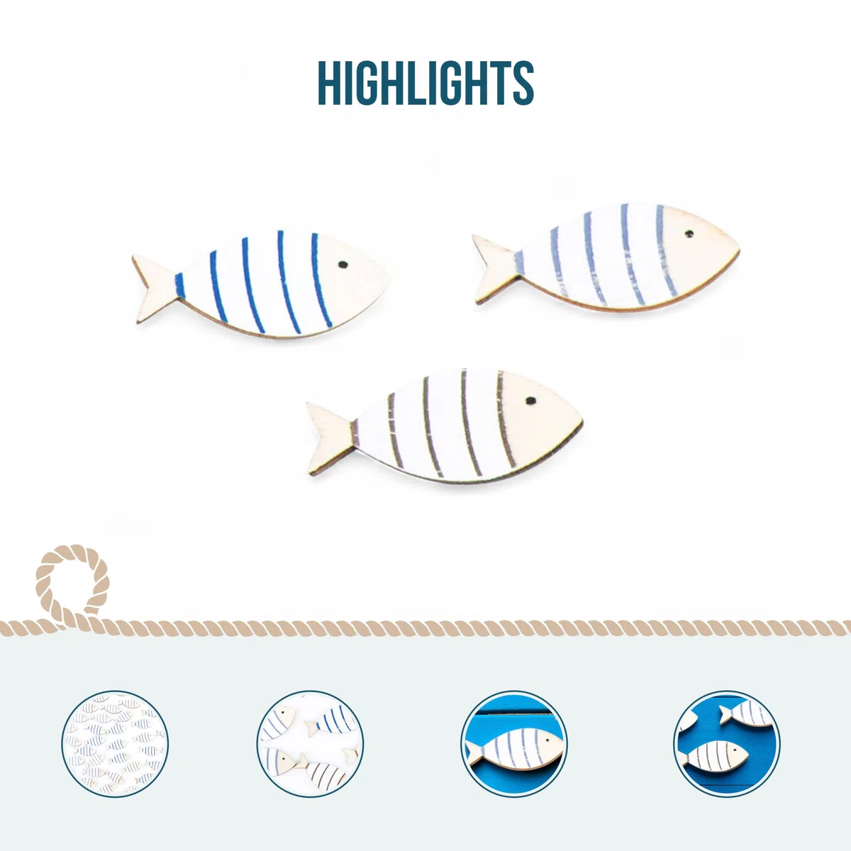 Logbuch-Verlag Set Peces Madera, 70 Unidades: Adornos Marineros Mesa, decoración náutica salón, baño, Playa y mar, Detalles comunión, Accesorios mediterráneos, hogar Fiesta Verano, 4 cm