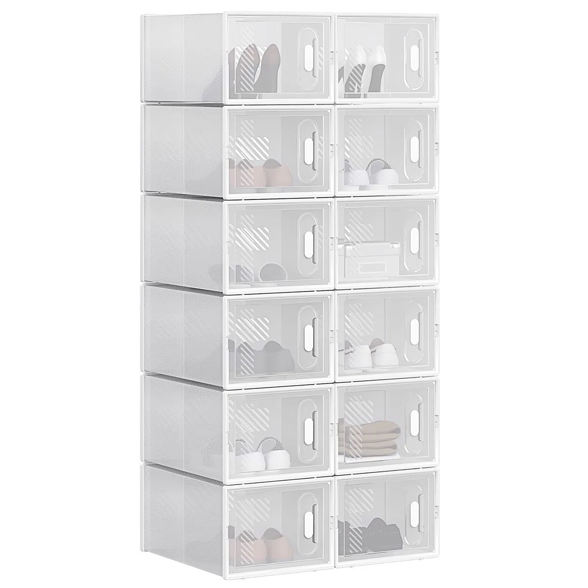 WOLTU 12X Cajas de Zapatos Transparentes, Cajas de Plástico Apilables y Plegables, Organizador de Almacenaje de Guardarropa, Zapateros con Tapa Frontal, 35x25x19 cm