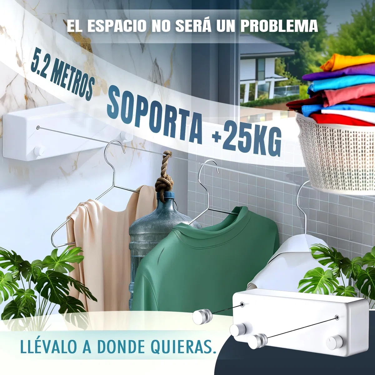 Super Tendedero Retractil Pared | 2 Cuerdas Acero Resistente 5.2m Cada una | Aluminio y PVC Premium | Soporta 25 kg, Tendedero Extensible Pared, 24 Pinzas y Accesorios | Blanco Minimalista