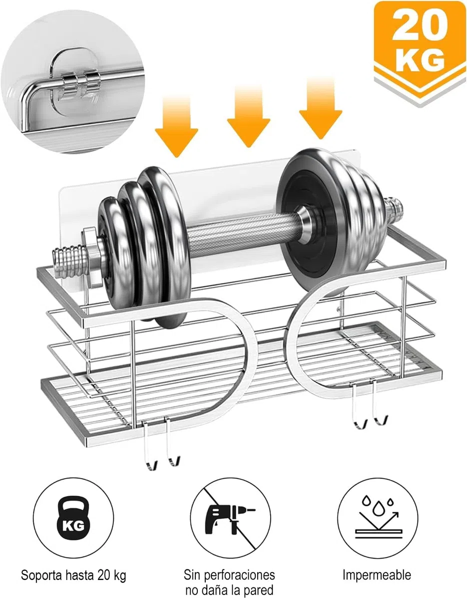 Adhesivo Estantes Cesta para Ducha de Baño Gran Capacidad 304 Acero Inoxidable Ducha Estanteria Organizador para Cocina o Baño 2 Piezas(Plata)
