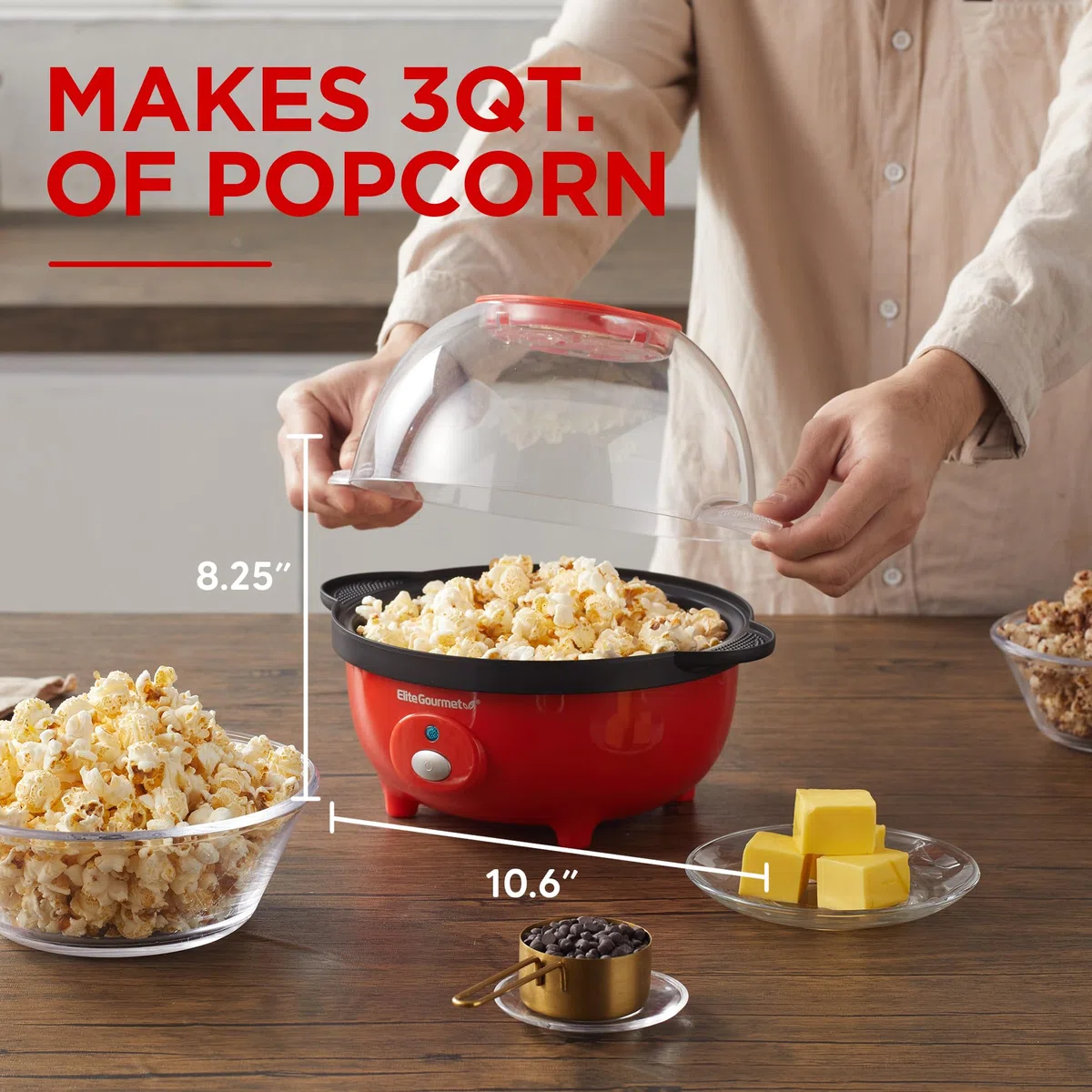Elite Gourmet Automatic Stirring Popcorn Maker Popper, Electric Hot Oil Popcorn Machine with Measuring Cap & Built-in Reversible Serving Bowl, Great for Home Party Kids, Safety ETL Approved, Red