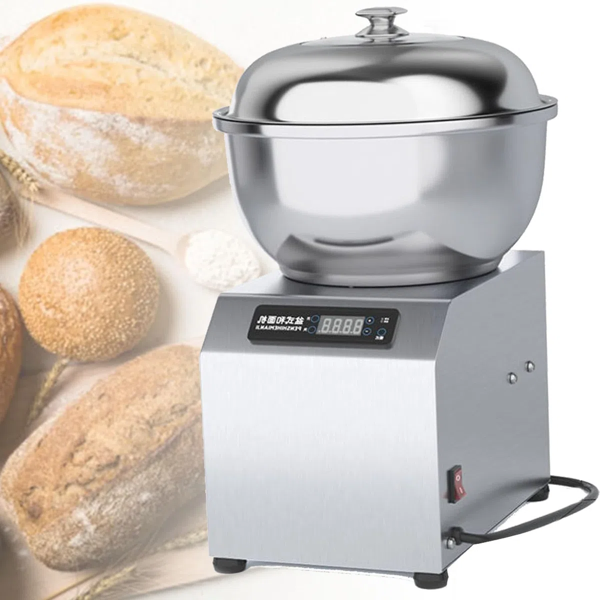 Amasadora Comercial de Acero Inoxidable para panadería, pizzería y Restaurante, con Recipiente de Acero Inoxidable Apto para Uso alimentario, Tapa y Temporizador 5kg