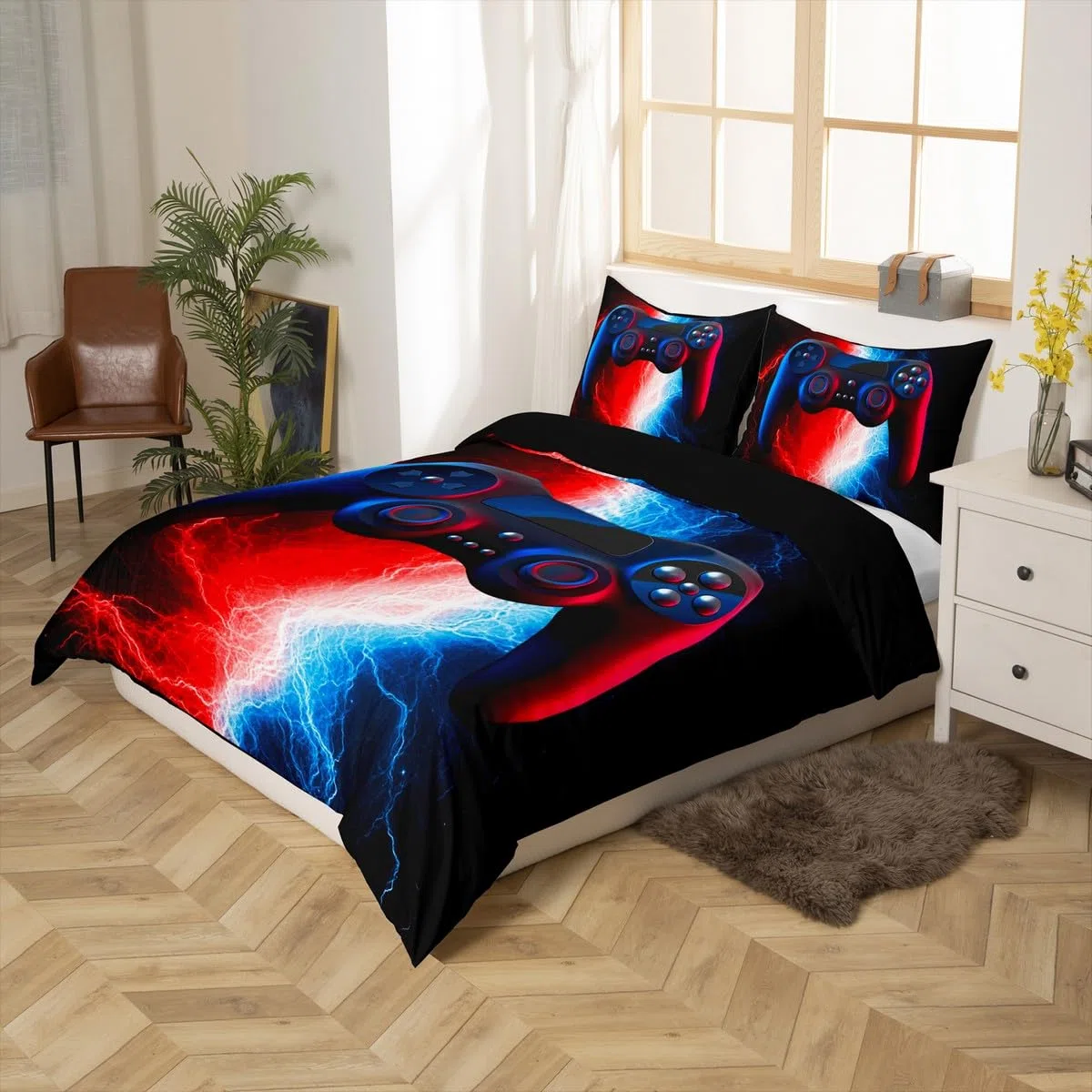 Juego de ropa de cama para niños, juego de cama para juegos de vídeo, juego de ropa de cama para chicos, hombres y adolescentes, funda nórdica de color rojo y azul, con funda de almohada, 155 x 220 cm