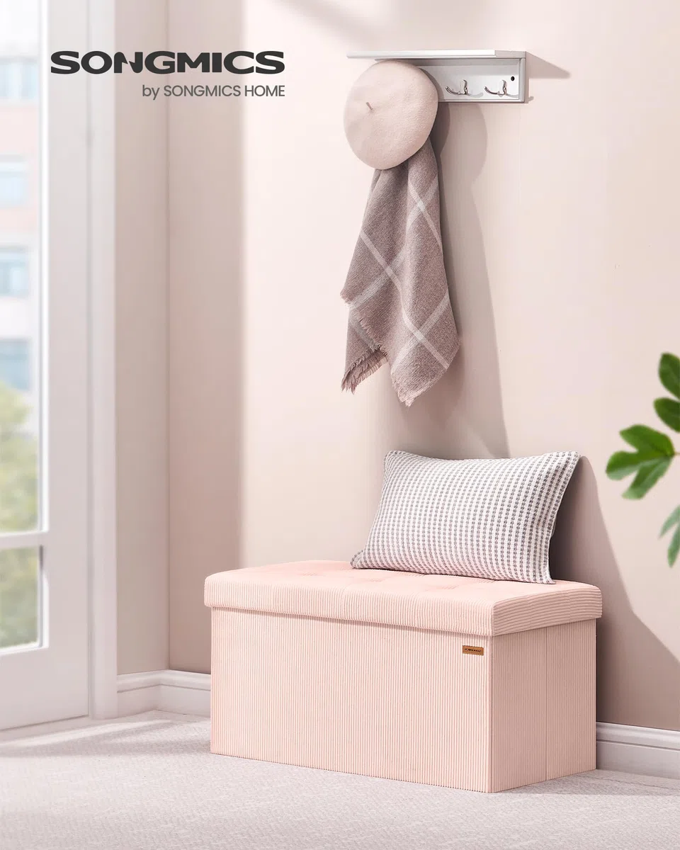 SONGMICS Puff Almacenaje, Baúl de Almacenaje Plegable, 38 x 76 x 38 cm, Taburete Reposapiés, Banco de Cama, Soporta hasta 300 kg, para Sala de Estar, Dormitorio, Entrada, Rosa Jalea LSF603R01