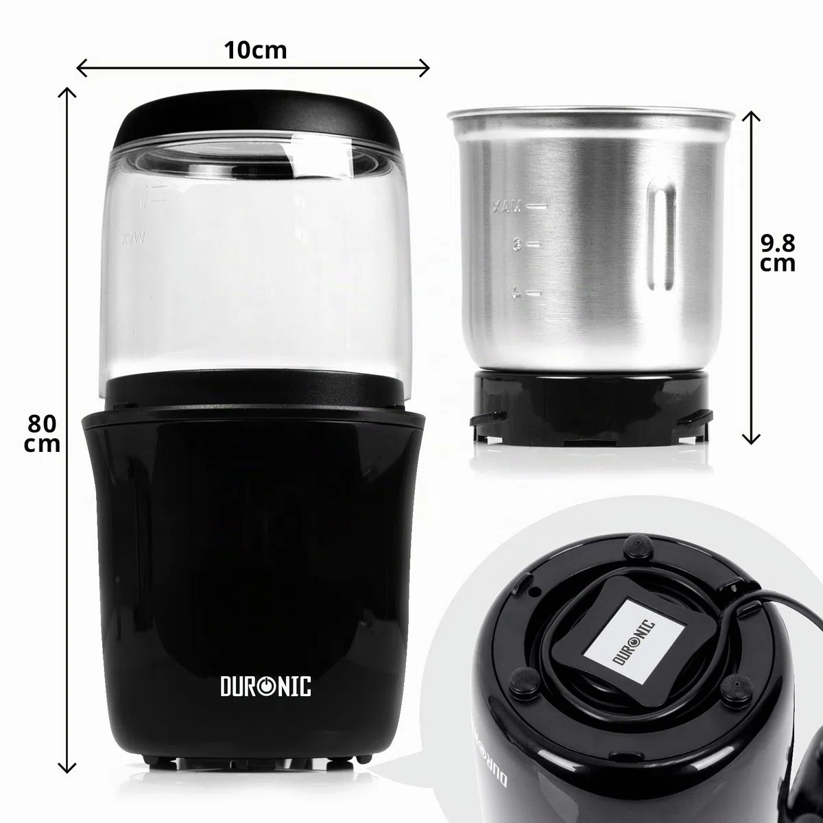 Duronic CG250 Molinillo de café eléctrico 250W y capacidad de 75g - Cuchilla de acero inoxidable para triturar semillas de café - Cappucinos, expreso, americano, café con leche frescos y caseros