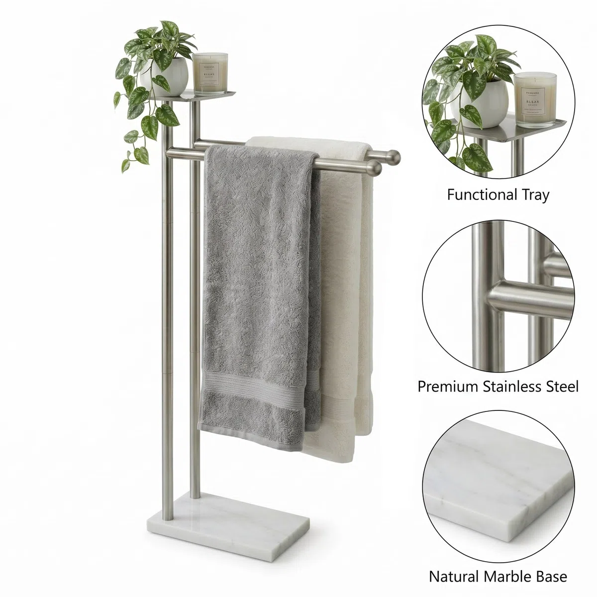 Songtec Toallero para baño, soporte para toallas de baño de 2 niveles para toallas de baño de máximo a 68 pulgadas, práctico estante en la parte superior