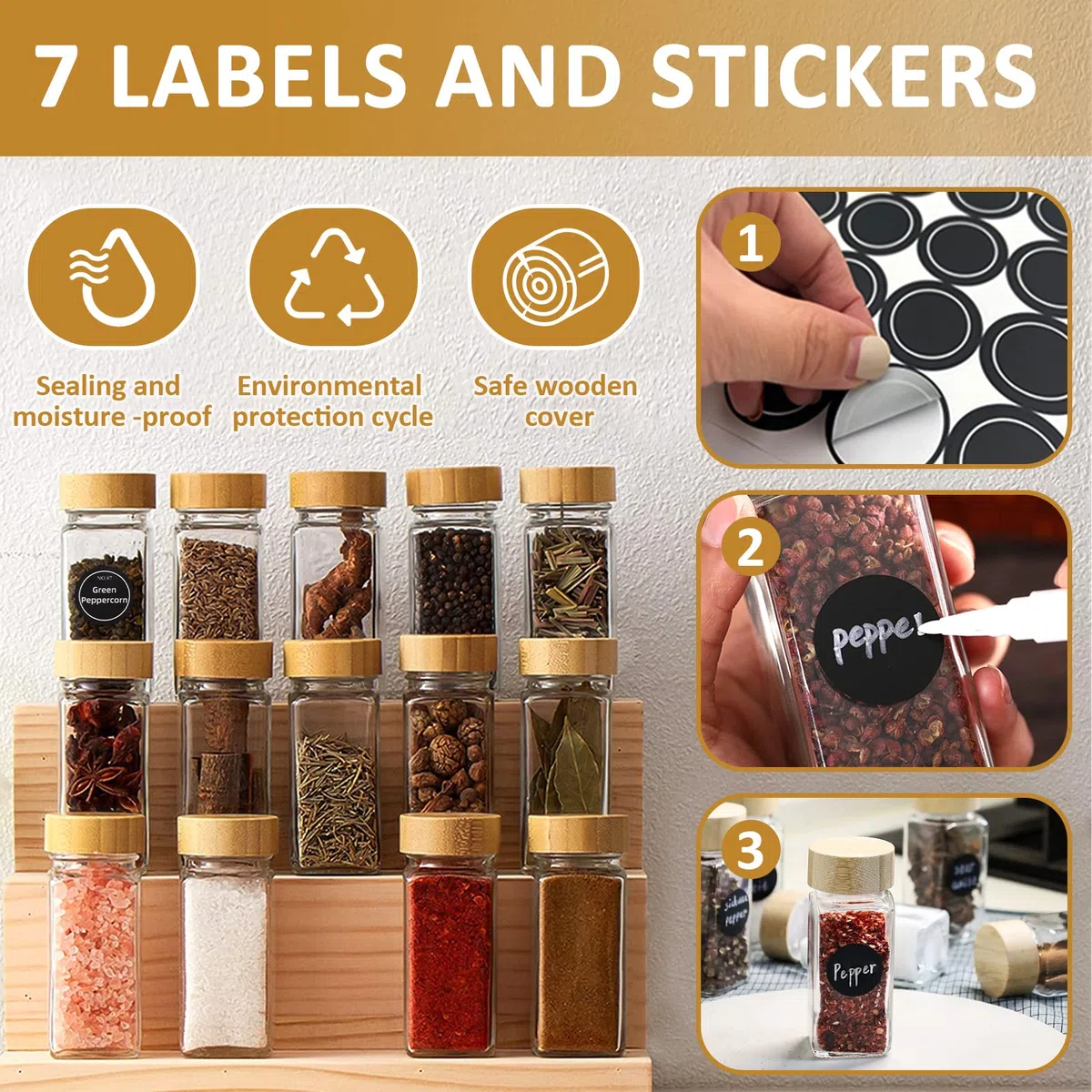 FAMKEEP 24pcs Botes Especias Cristal,Cuadrado Spice Jars con Tapa de Madera, Tarros Especias incluir Embudo,Tamiz,Etiqueta para Especias y Bolígrafo