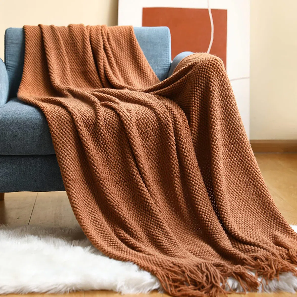 LumiSyne Manta De Punto con Flecos Color Sólido Rejilla De Piña Comoda Suave Cubresofa Cubrecama Manta Cubrecama Decorativa para Sofá Cama 230x130cm