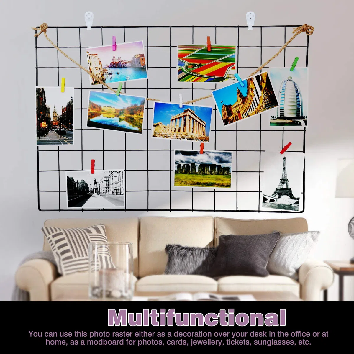 Roellgs 2 paredes de fotos decorativas de hierro negro, 65 cm x 45 cm, pared de fotos de rejilla, soporte de exhibición multifuncional para decoración de pared, decoración de bricolaje, tablero de