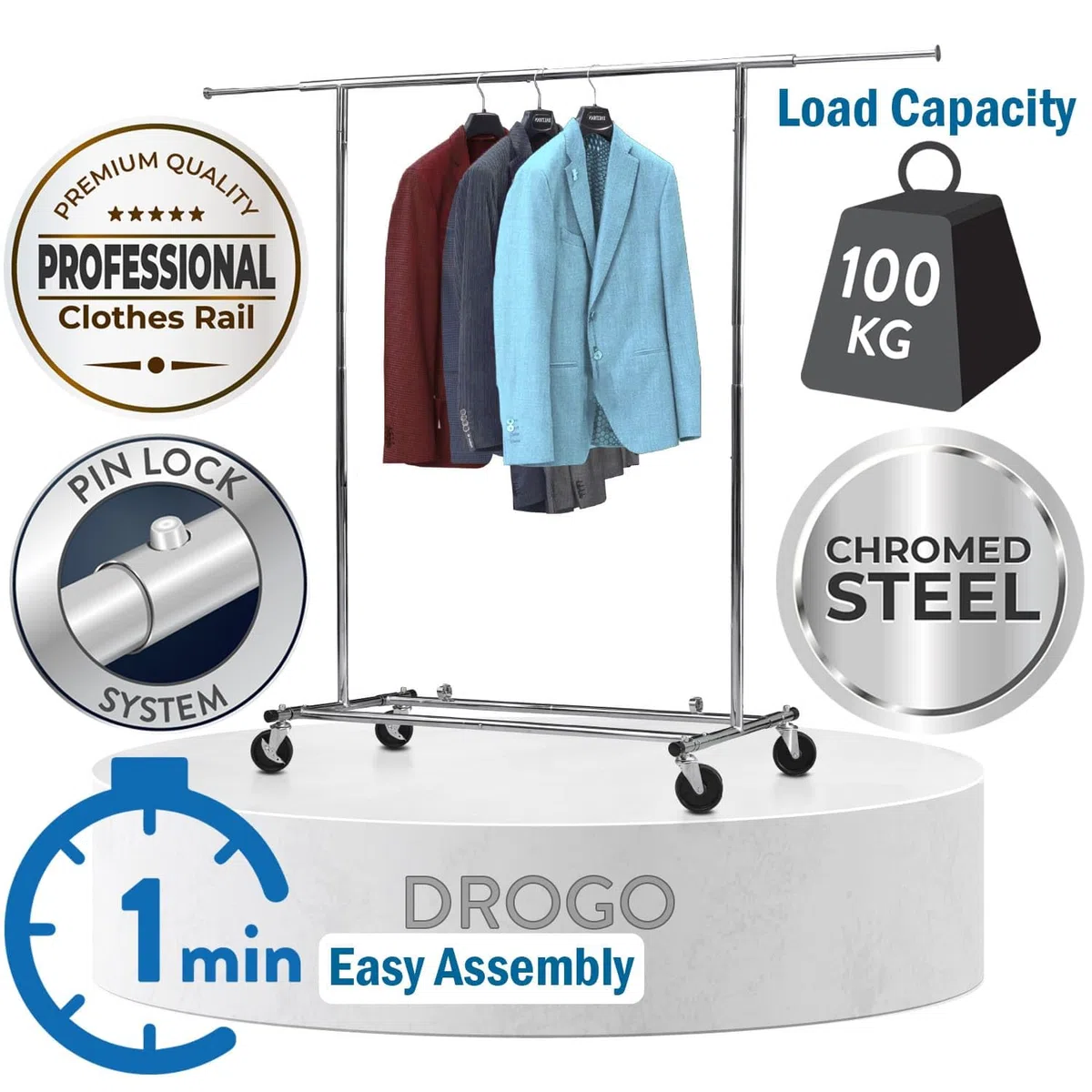 Tatkraft Drogo Buro Ropa Profesional con Ruedas, Hasta 100kg, Acero Cromado | Burro de Ropa, Plegable, 127.5-187x62x144-169cm, Montaje Rápido 1 min, Buro para Ropa Resistente, Colgadores de Ropa